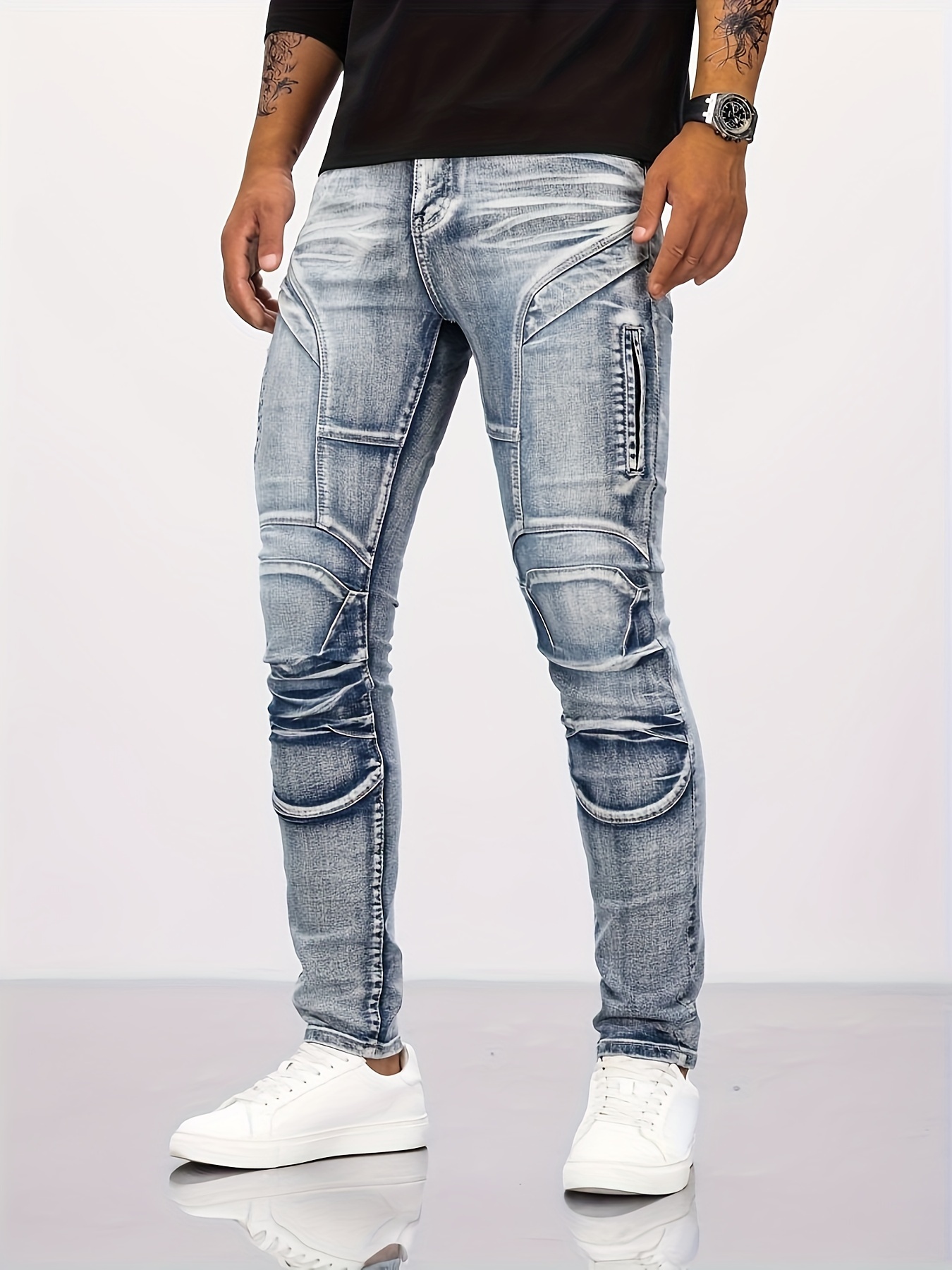 Men's Casual Skinny Harem Jeans, Chic Street Style Stretch Multi Pocket  Biker Jeans