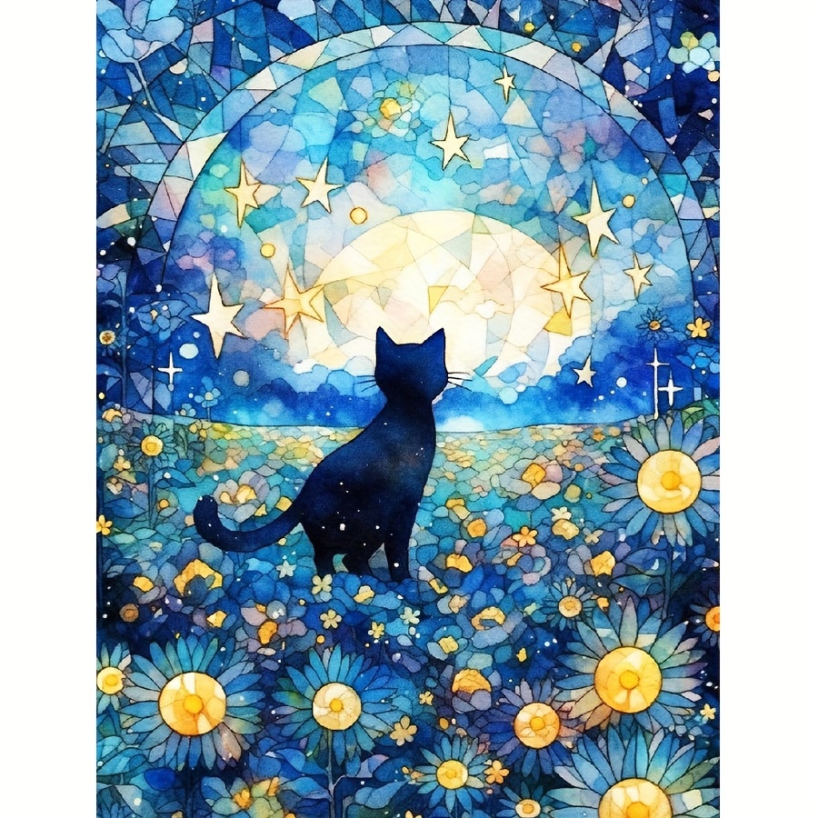 4pcs Starry Night Garden Black Cat Paint By Number Kit For Adults