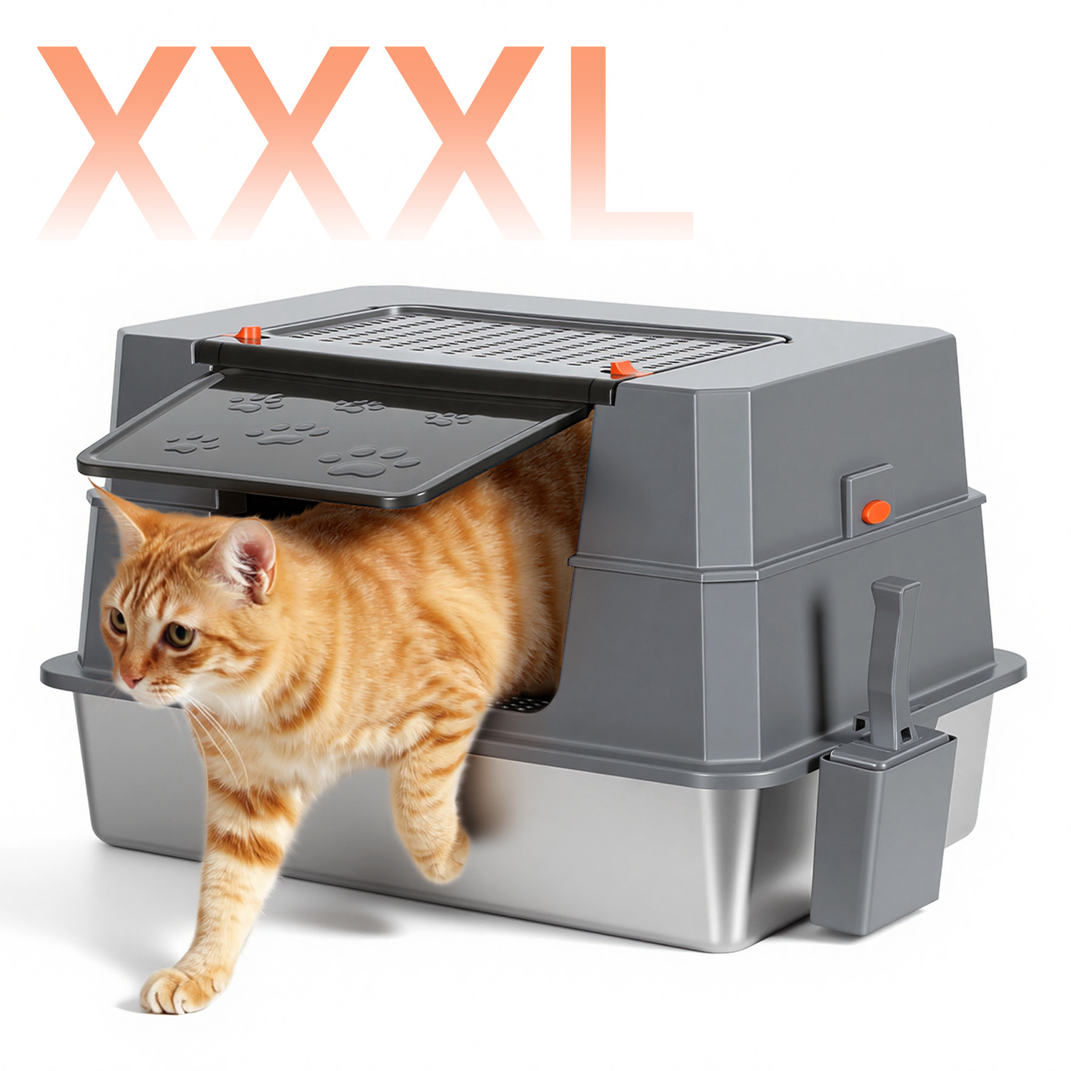 Image of Xxxl Stainless Steel Litter Box With Lid, Leak-proof Enclosed Litter Box With High Rim, For Large Cats, 70 X 50 Cm, Odor-resistant, Easy To Clean, Includes Pedal And Scoop, Without Battery