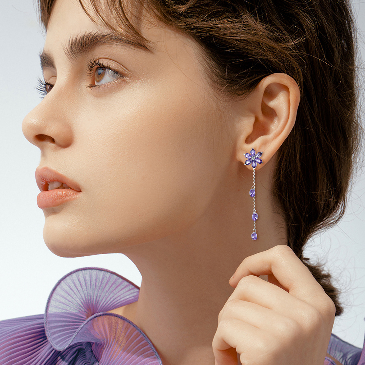 Silver Flower Drop Earrings Purple Floral Dangly Earrings for Women