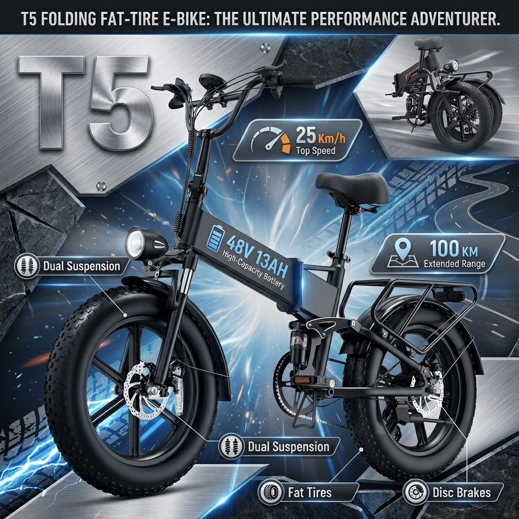 Image of T5 E Bike 250w Brushless Motor 48v 13ah Removable Battery 20x4 All Terrain Tires Full Front Rear Suspension For Countryside Picnics Camping And Everyday Commuting
