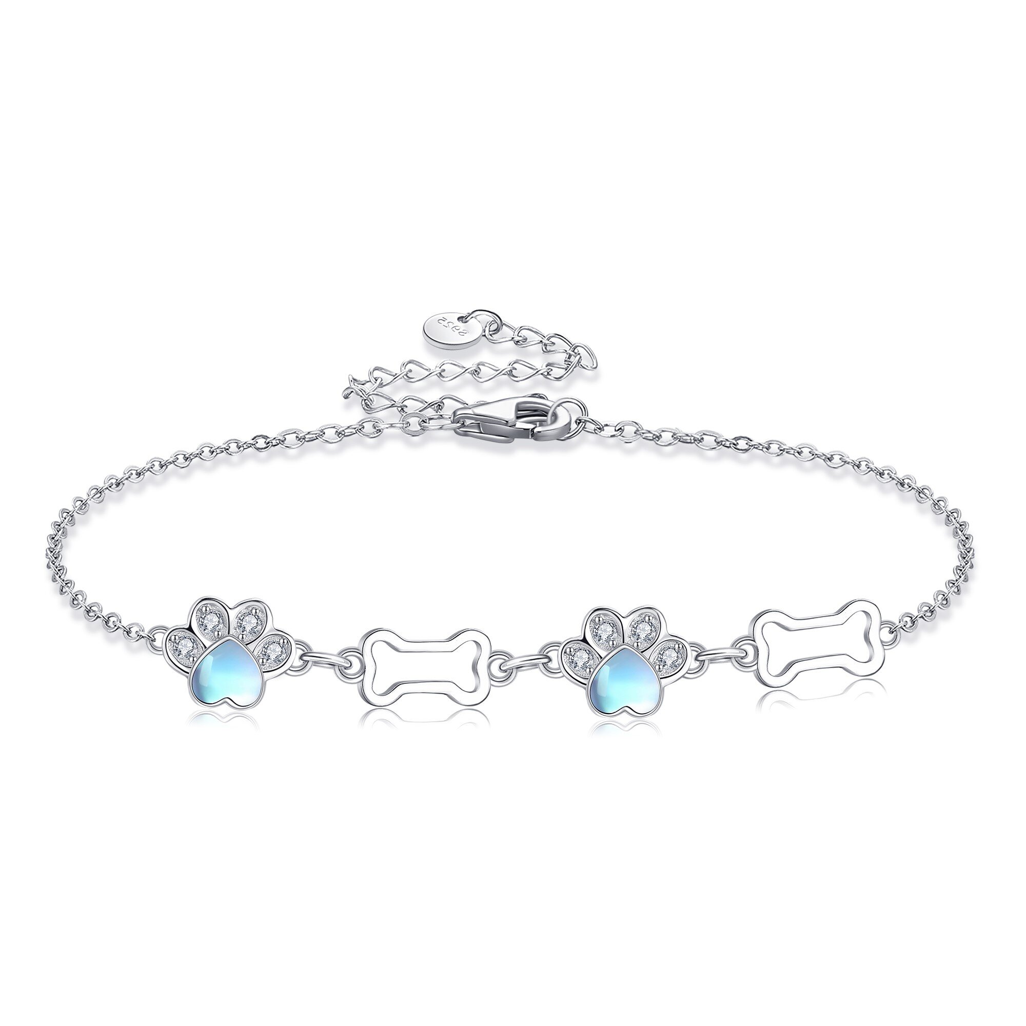 925 Silver Moonstone Paw Print Bracelet