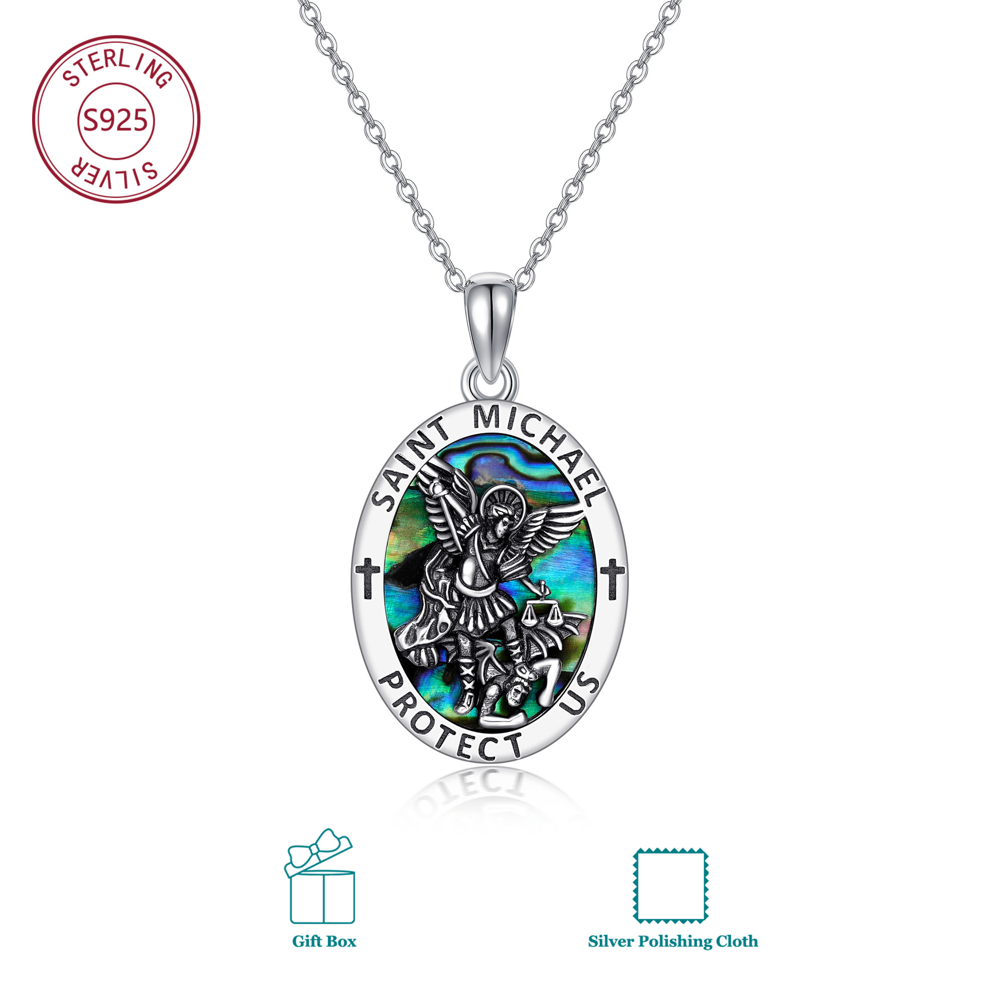 Image of 925 Sterling Silver Pendant Necklace Featuring Saint Michael , With Synthetic Abalone Shell, An Iridescent Guardian-themed Necklace, A Daily Amulet Suitable For Men And Women