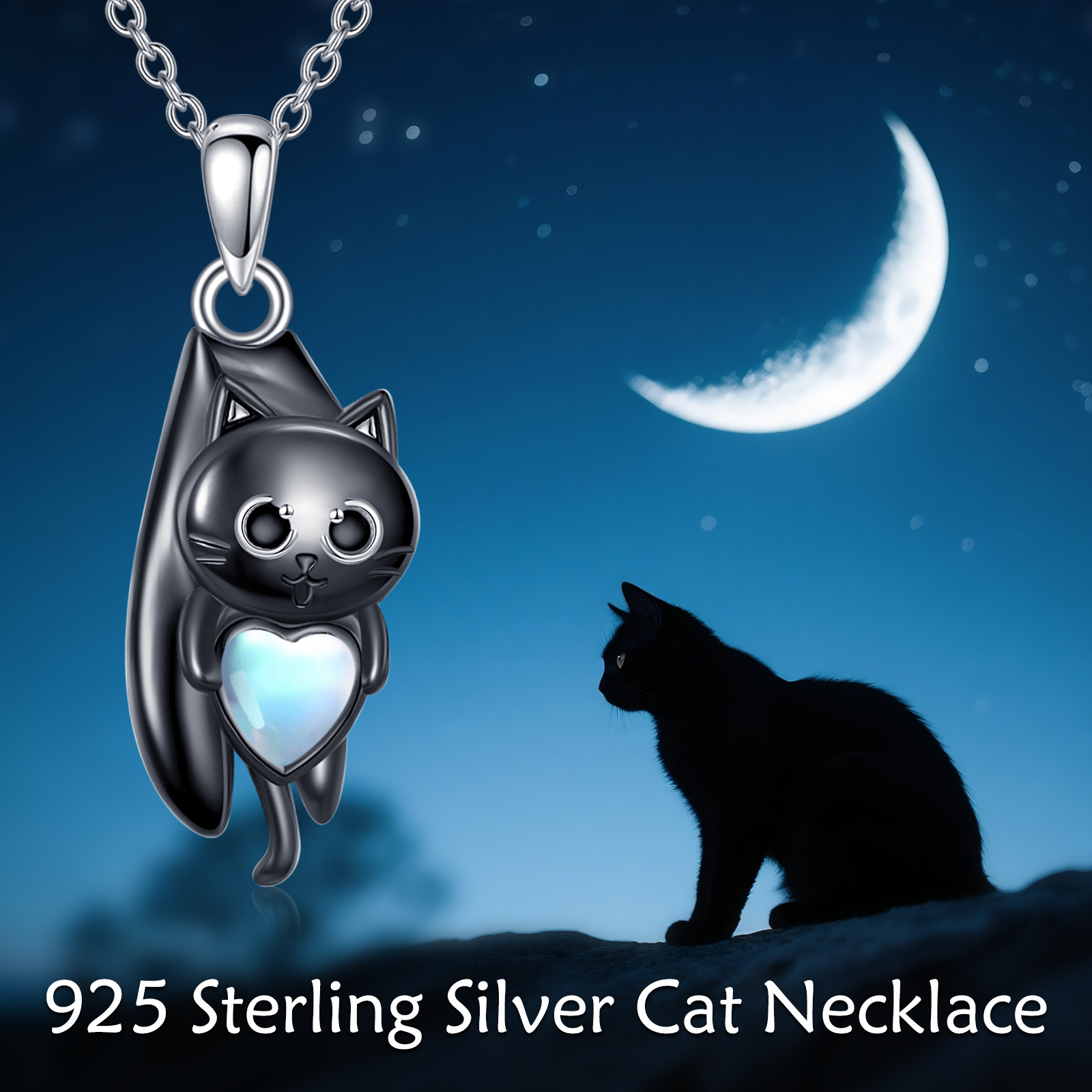 925 Sterling Silver Moonstone Cat Necklace, Vintage Design