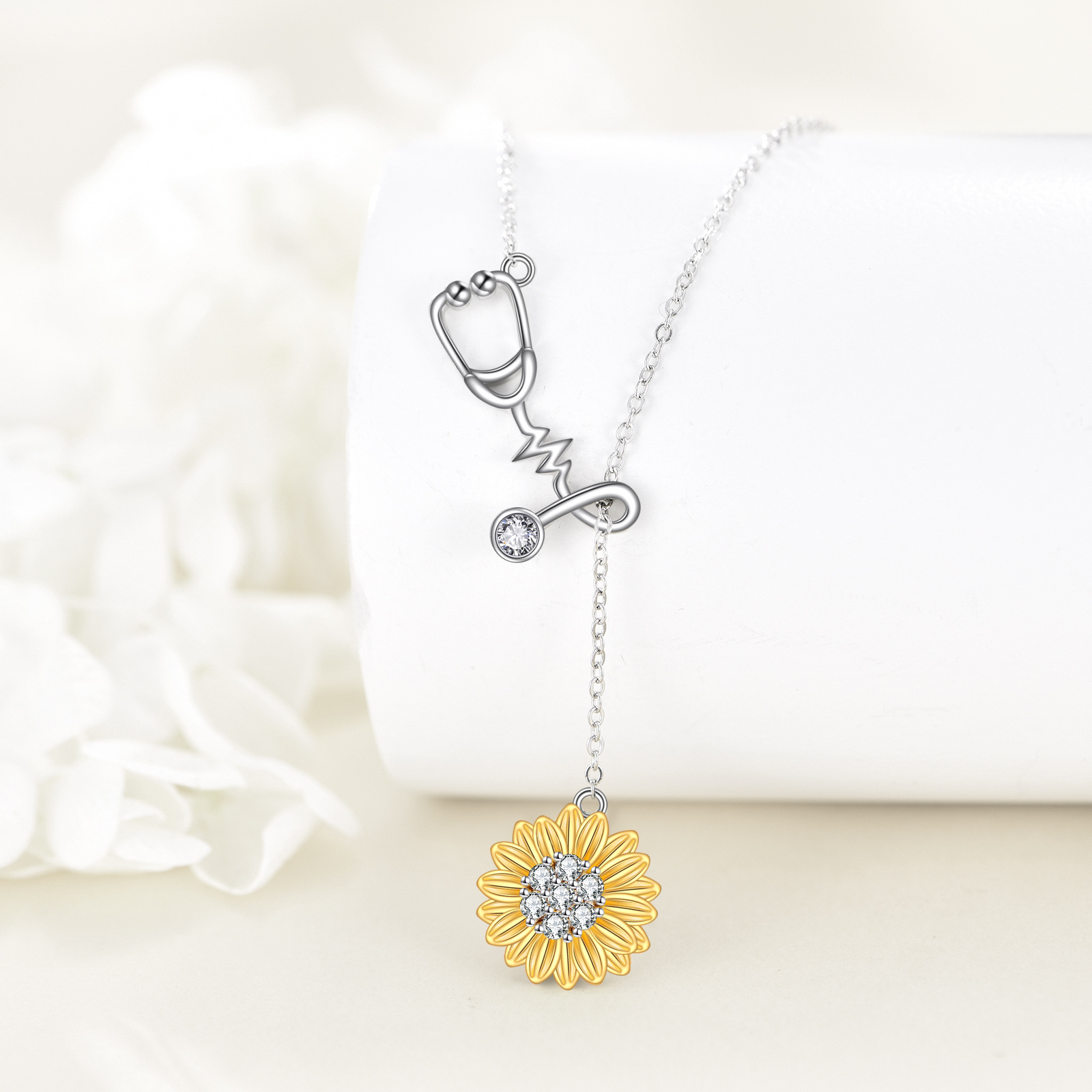 Women's 925 Sterling Silver Stethoscope Sunflower Necklace