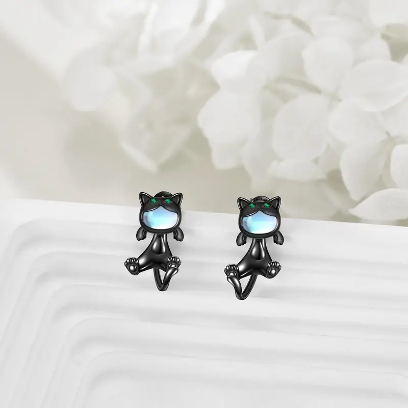 925 sterling silvery gunmetal black cat earrings two stacked ways to wear cat dangling earrings cat earrings stud earrings Product details 4