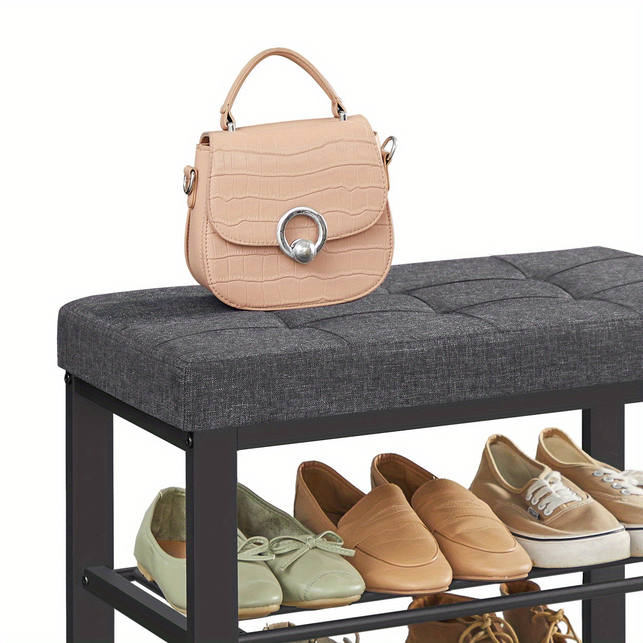 TEMU Banc à chaussures, 12.2 .6 X 19.3 pouces, étagère à chaussures à 3 niveaux pour entrée, gris foncé et noir