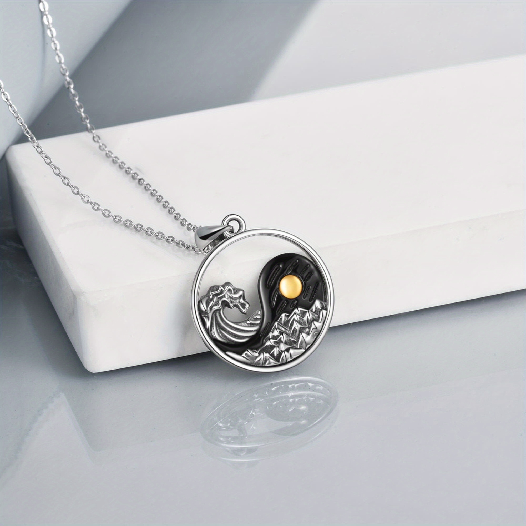 925 Sterling Silver Mountain & Wave Pendant Necklace