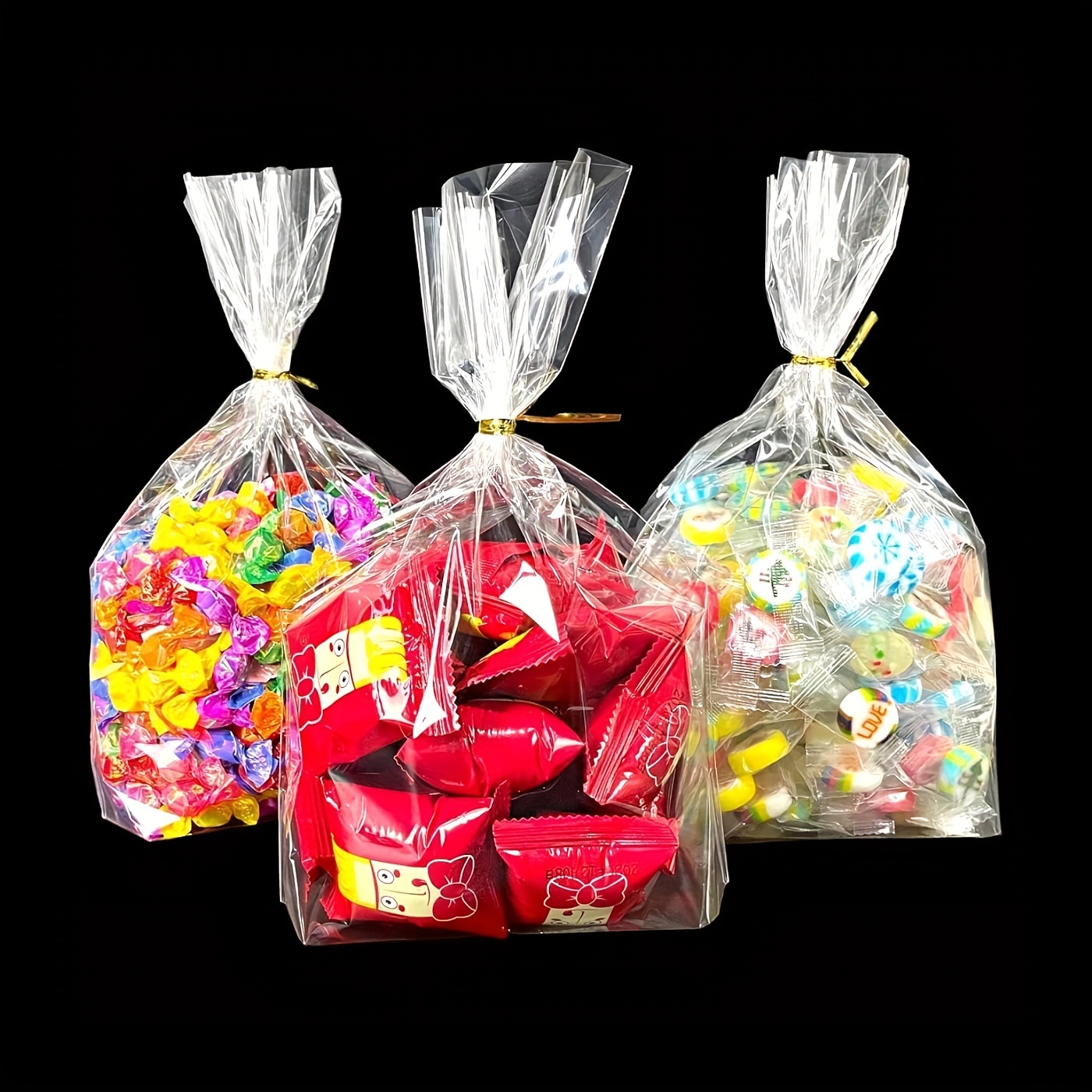 Bolsas transparentes para golosinas, 100 bolsas de celofán, bolsas  transparentes para dulces con 100 lazos metálicos para niños, cumpleaños,  dulces