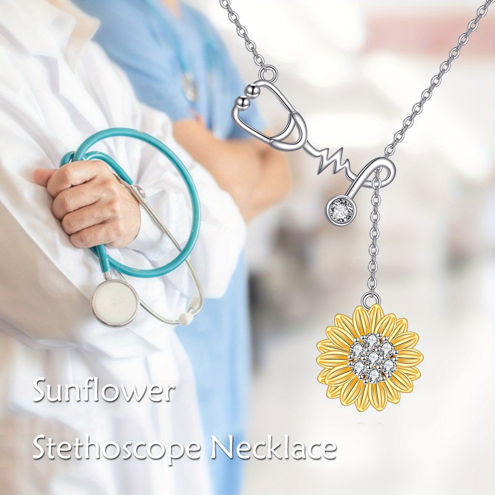 Women's 925 Sterling Silver Stethoscope Sunflower Necklace