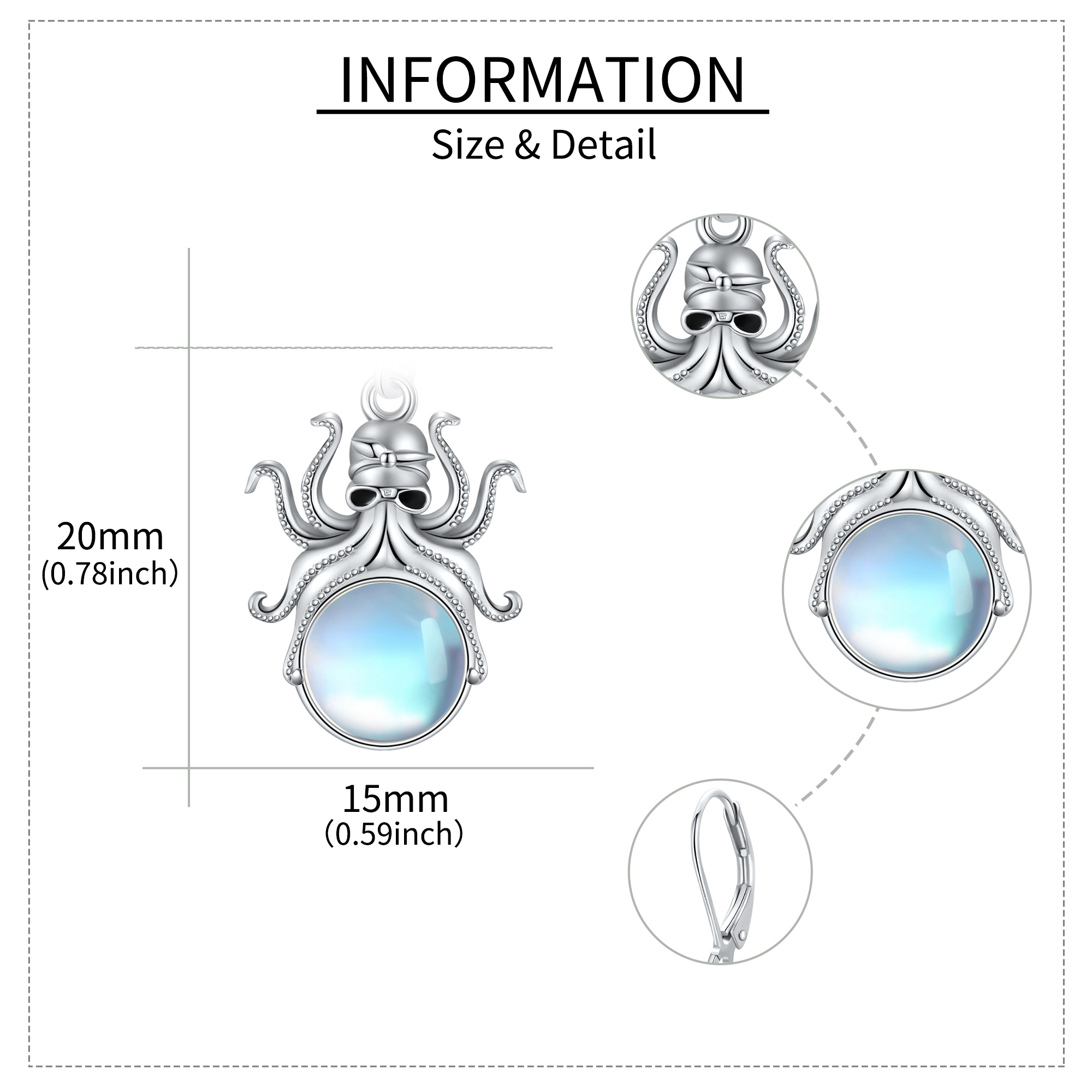 Women's 925 Sterling Silver Octopus Moonstone Earrings