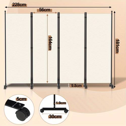 portable room separator on wheels in beige and a freestanding folding partition wall mobile screen with wide base fabric panel for privacy