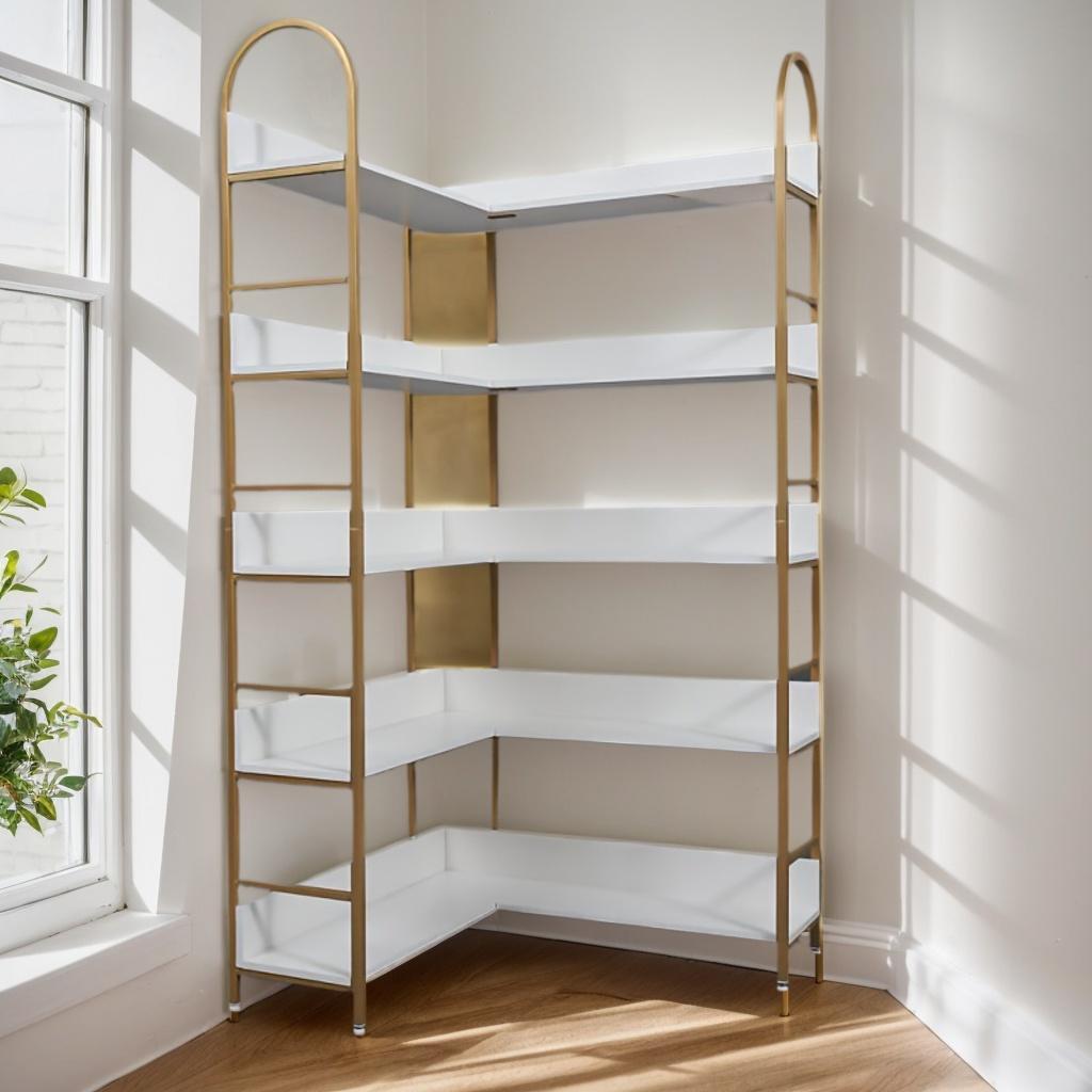 

Elegant 5-tier Corner Bookshelf, White & Golden, Space-saving L-shaped Design, 90.5x90.5x185cm, , Open Storage Rack For Living Room, Study - & Stylish