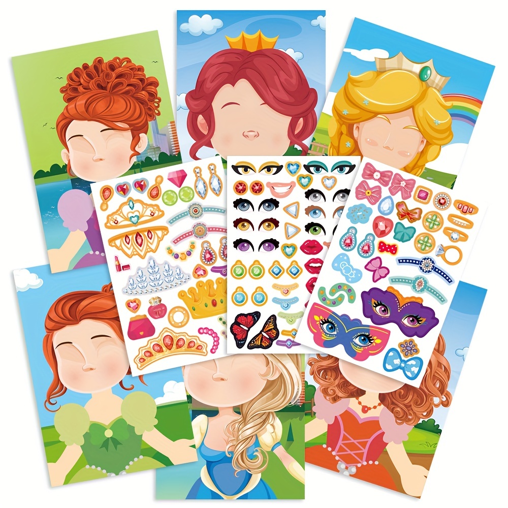 Children's Puzzle Toy Princess Makeup Coloring Set Girls' Dress-up Games  Diy Coloring & Dressing Stickers Cheerful Girl Sticker Album  (1set/10sheets)