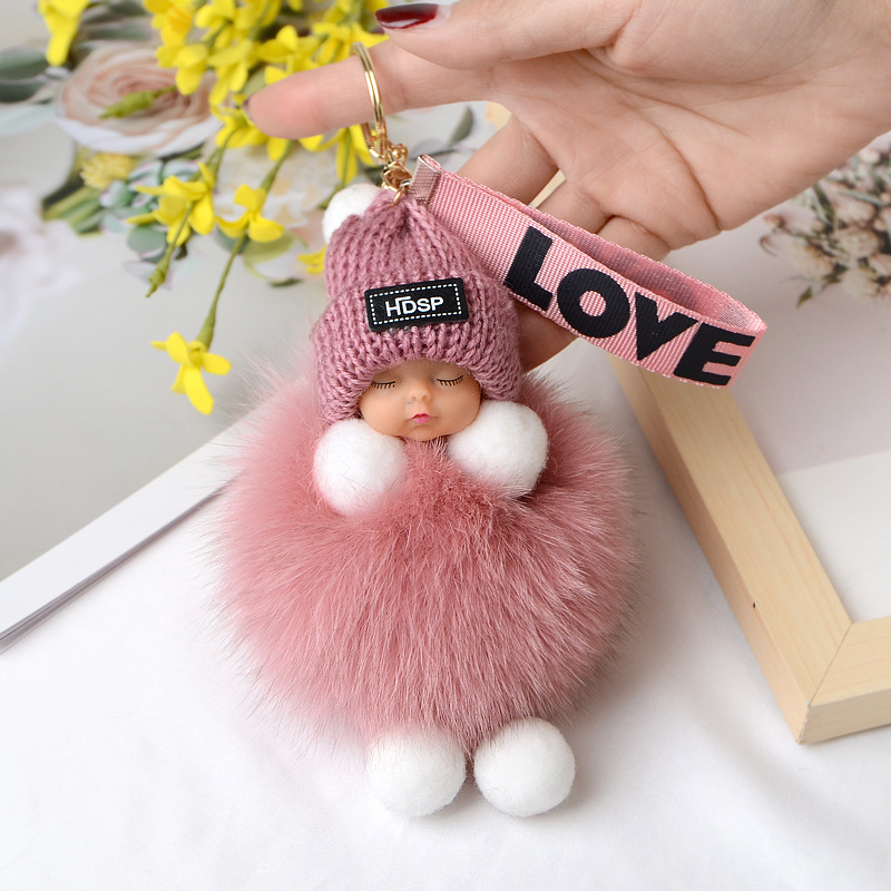 15cm Pompom Sleeping Baby Keychain Cute Fluffy Plush Doll Keychains Women  Girl Car Key Holder Bag Pendant Toys for Kids Gift - Realistic Reborn Dolls  for Sale