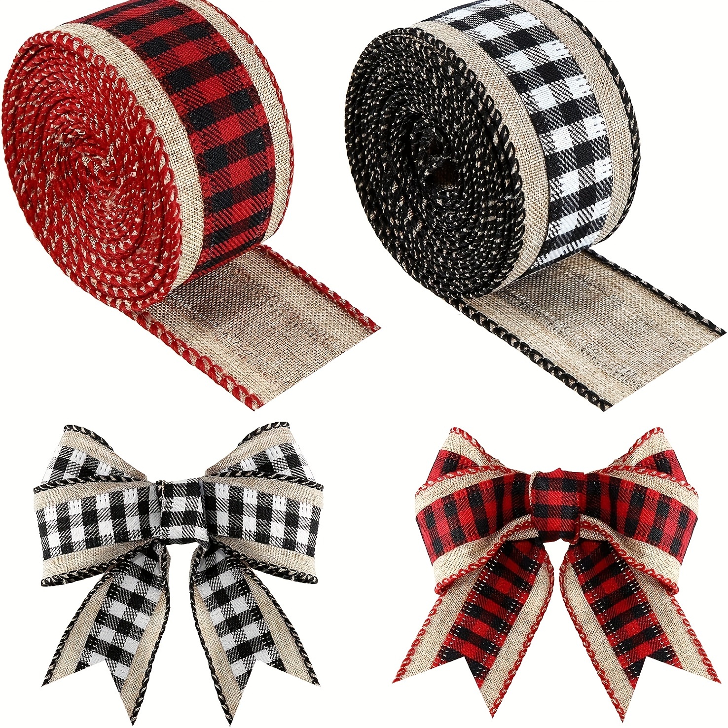 4 Rolls Christmas Red Plaid Ribbons Checkered Wired Edge Wrapping Ribbons  Thin Plaid Burlap Ribbon Tartan Plaid Ribbon for Christmas Tree Decor DIY