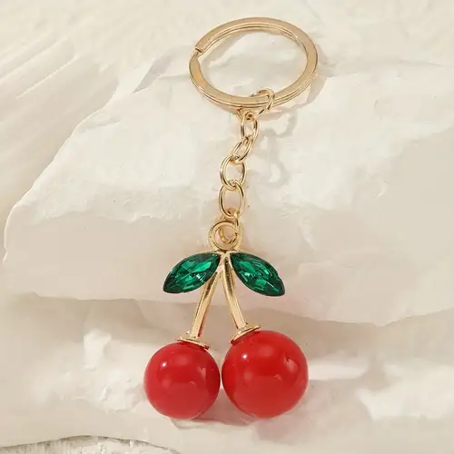 Vintage Cherries Keychain Key Ring Gold Tone Red Fruit Cherry