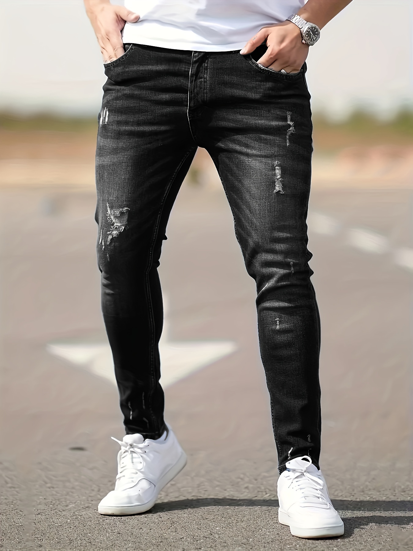 New Men's Stylish Jeans Bear Graphic Stretch Graffiti Print Jeans - Temu