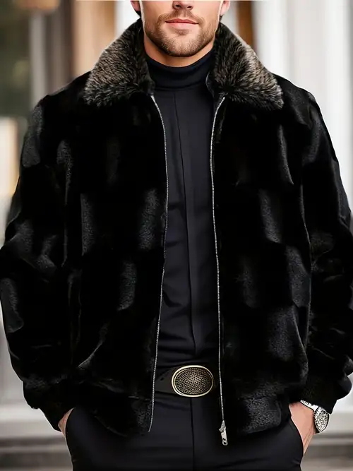Mens Leather Coats Faux Fur Collar Jacket Warm Coats Thicken Outdoor