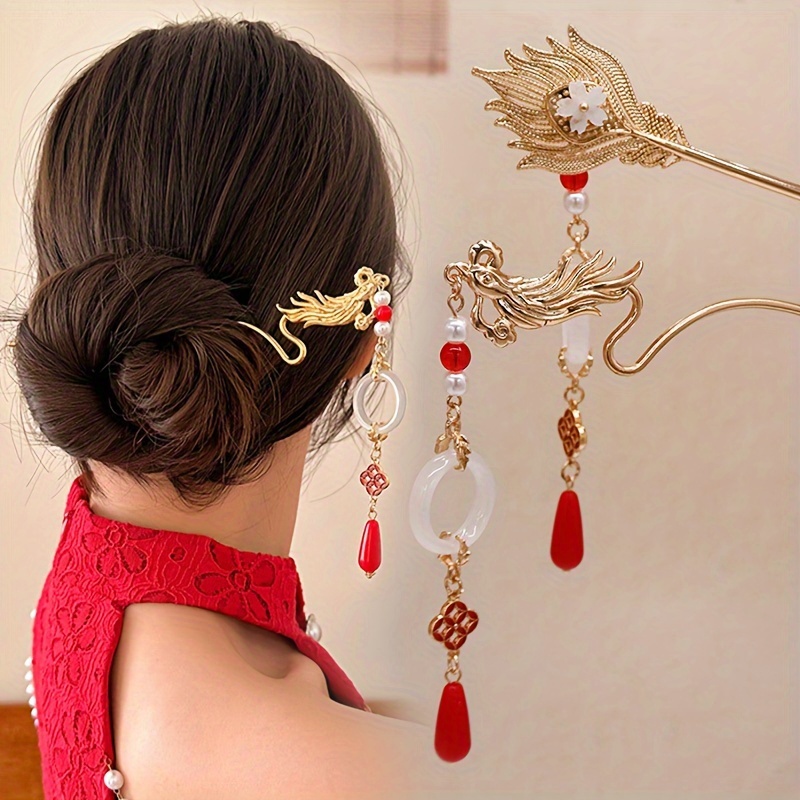 Chinese Traditional Women Red Tassel Hairpin Hair Clip Cheongsam Accessory  Gift