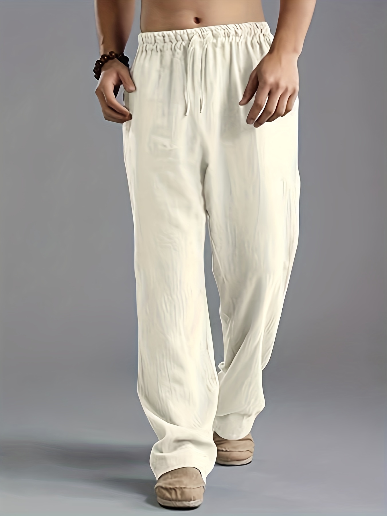 New Arrival Mens Elastic Waist Cotton and Linen Trousers Men Solid Loose  Pant Straight Ankle Length