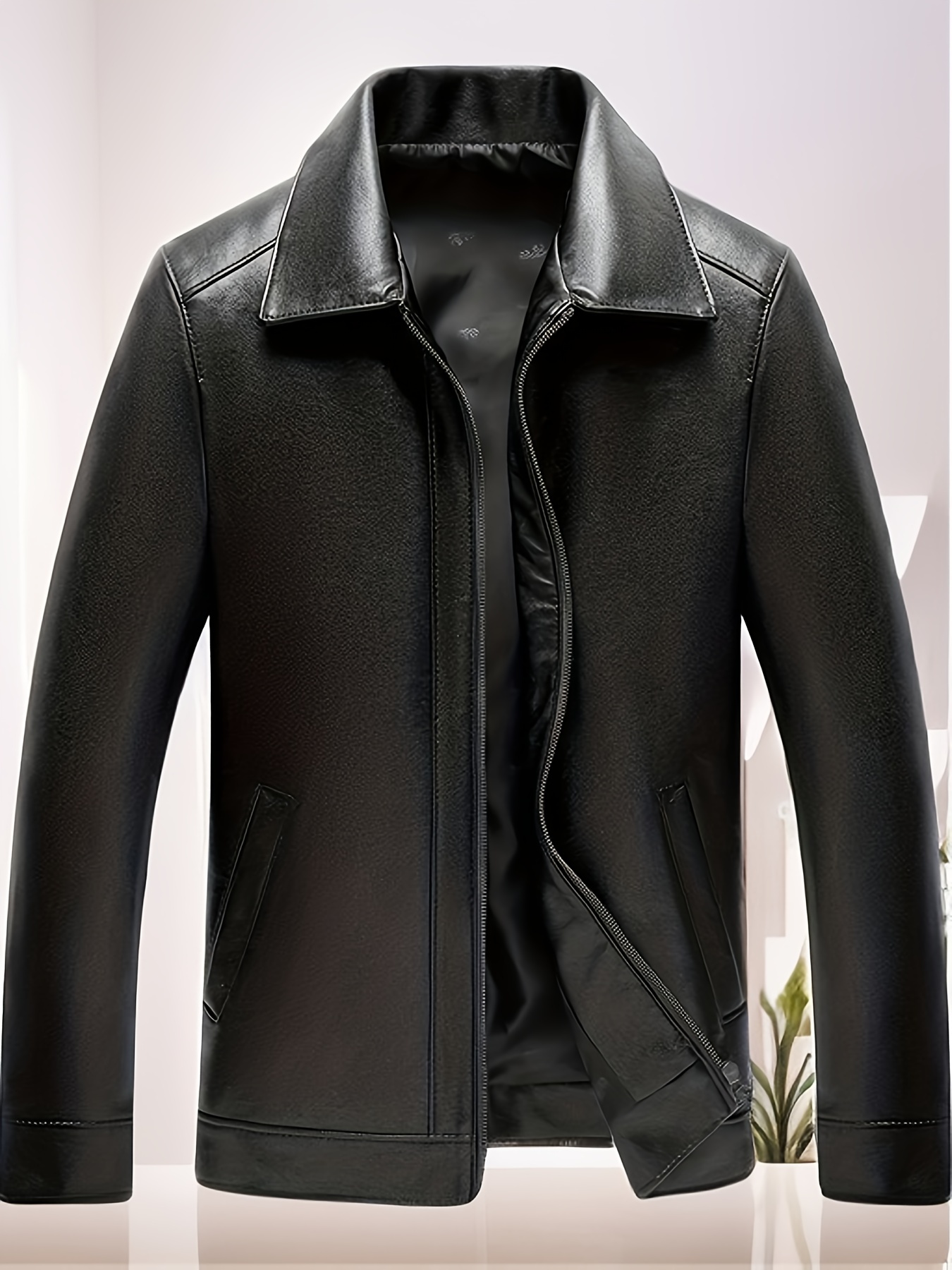 Solid Faux Leather Jacket Street Wear Zipper Moto Jacket - Temu