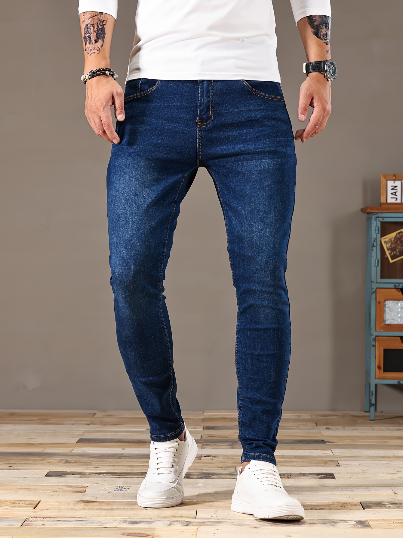 Classic Design Semi-formal Jeans, Men's Casual Stretch Denim Pants For All  Seasons Business