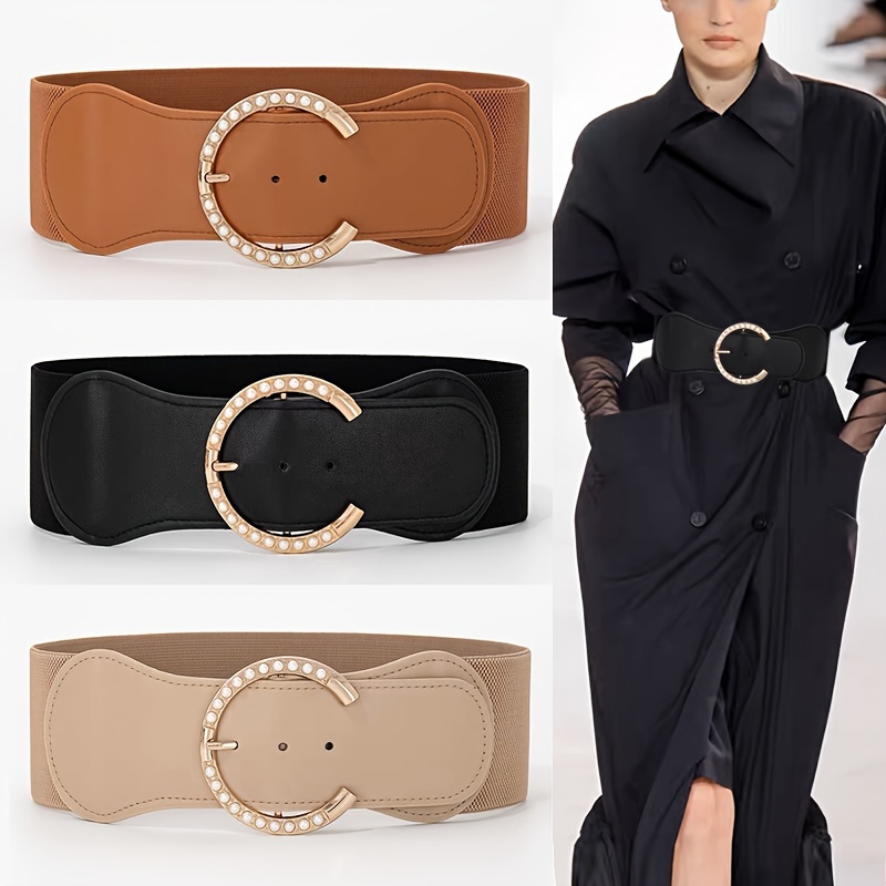 Double Ring Buckle Thin Belts Elegant Solid Color Elastic Waistband Classic  Coat Dress Belt For Women