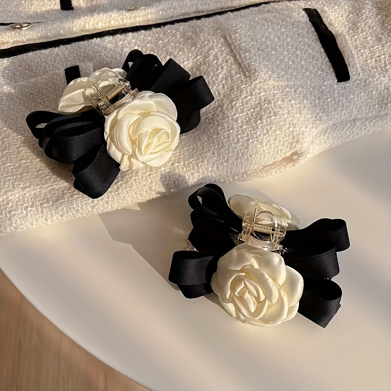 Chanel camellia ribbon flower barrette hair accessory black color Velor x  Satin