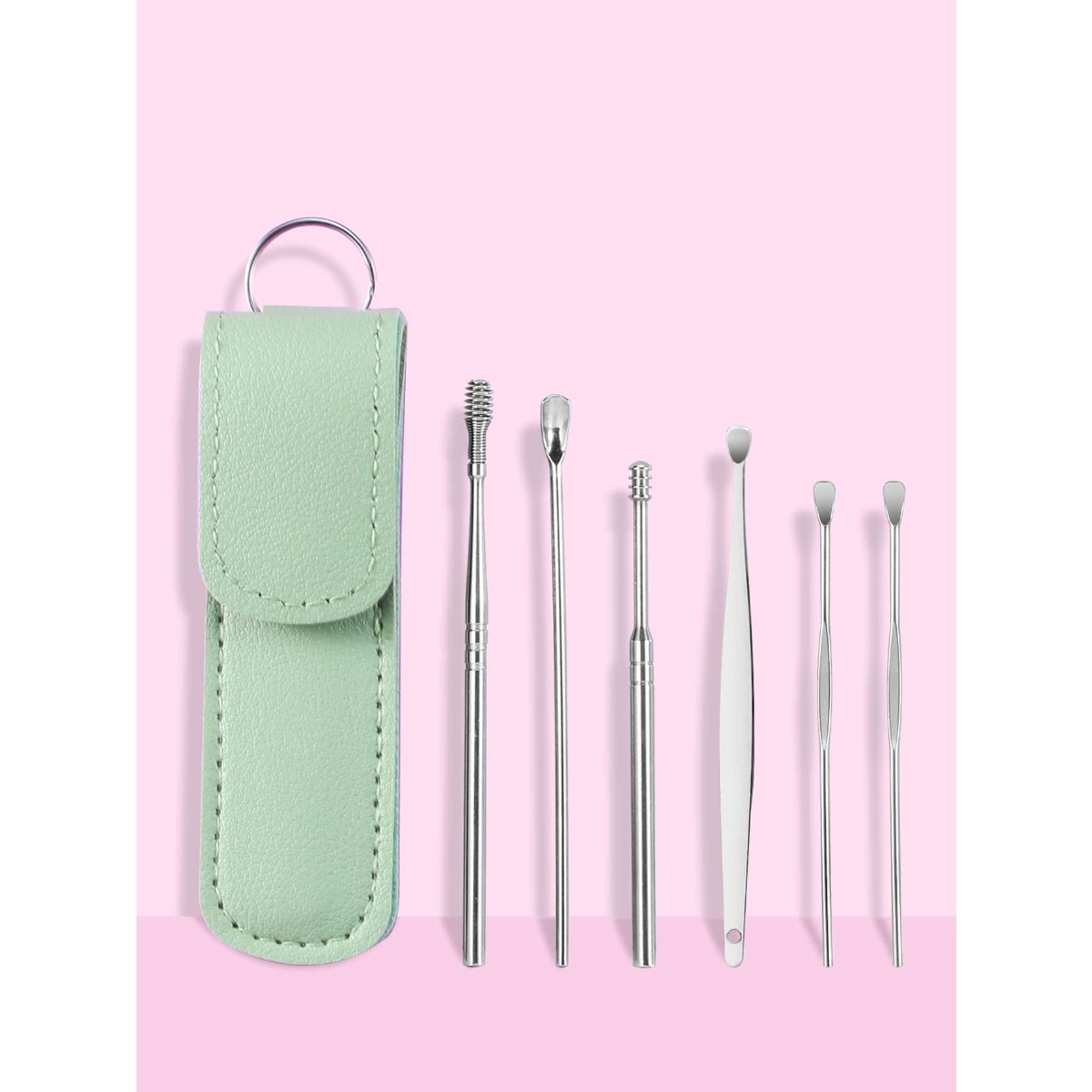 6pcs nettoyeur d'oreille et pu sac en cuir outil d'élimination de cérumen d' oreille bâtonnets cure-oreille Curette oreille de nettoyage