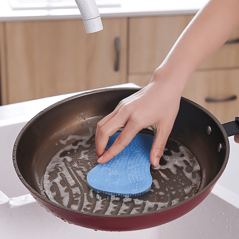 3pcs/set Antibacterial Silicone Dishwashing Brush, Non-stick Sponge  Scrubber, Quick-drying Kitchen Cleaning Cloth & Non-slip Absorbent Scouring  Pad