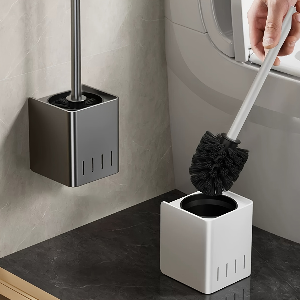 Thren Toilet Brush with Soap Dispenser Refillable Household Toilet Brush Cleaner No Dead Angle Compact Toilet Brush with Base Deep-Cleaning Wall