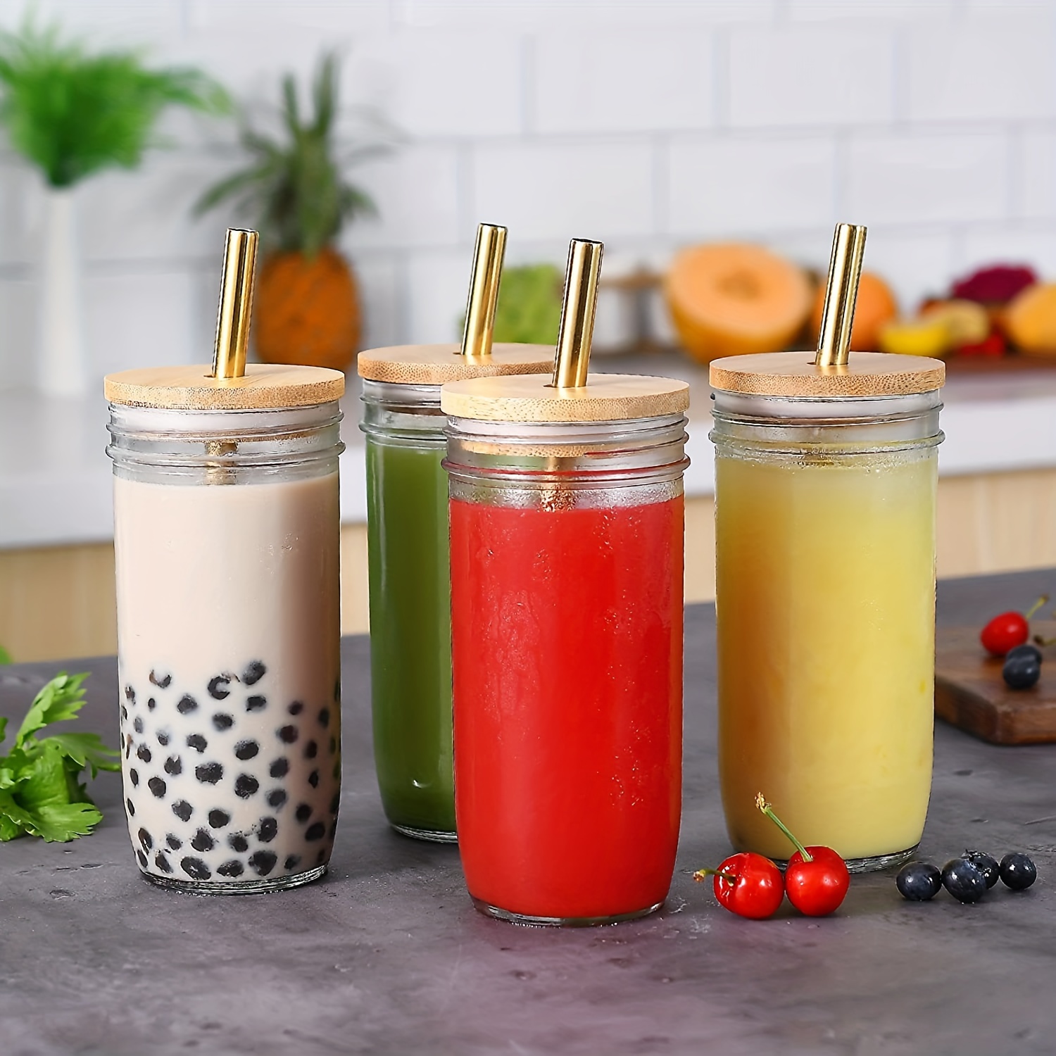 Drinking Glass with Bamboo Lids and Glass Straws, 18.6 oz Can Shaped Glass  Cups , Glass Beer Can Cups with Lids for Iced Coffee, Soda, Whiskey, Bubble  Tea, Water, Juicing, Smoothies, Milk 