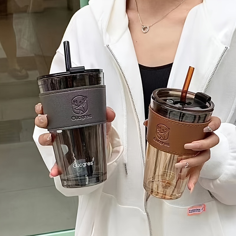 1pc Simple Glass Coffee Mug With Lid, Straw, Portable For Women And Office,  Suitable For Drinking Iced Americano And Latte. Trendy Ins Style.