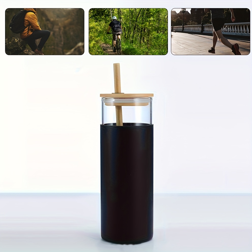 1PC black 17oz/500ML Creative bamboo cover high borosilicate glass with  silicone sleeve straw water cup simple handy cup camping outdoor water  bottle car cup straw cup