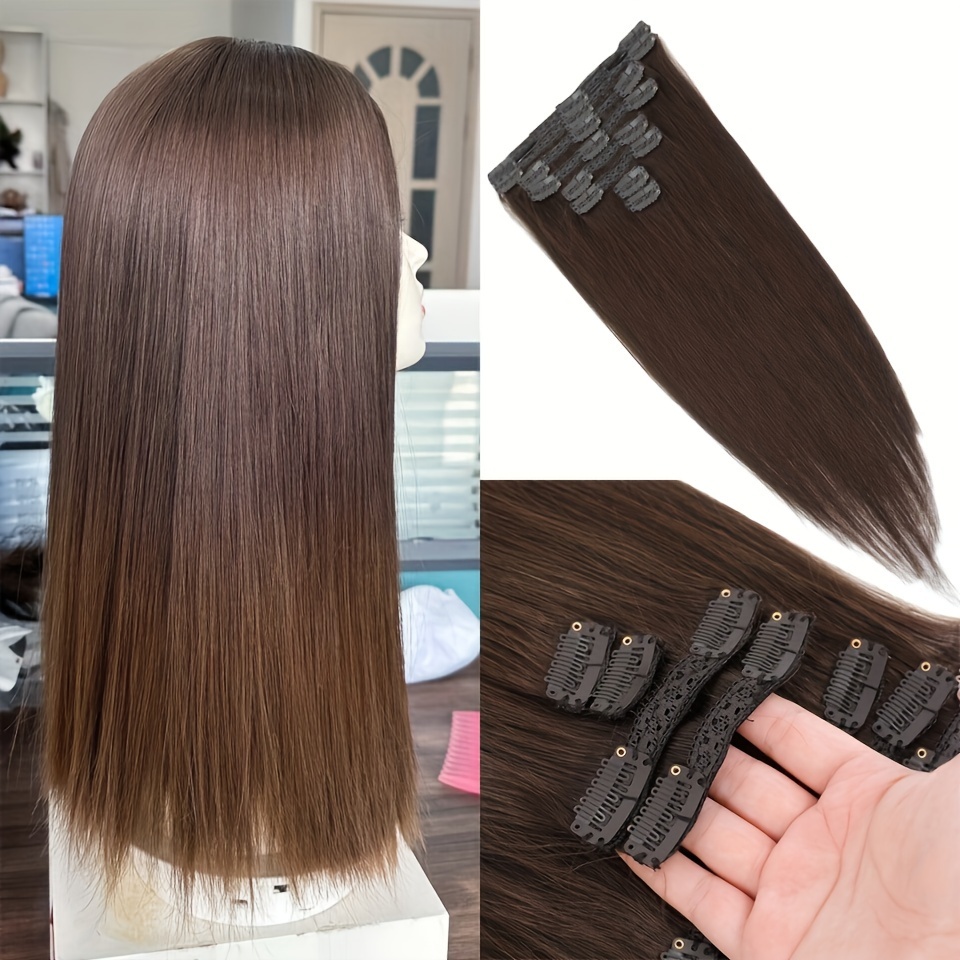 Dark Brown Kinky Straight Clip In Hair Extensions Brown - Temu