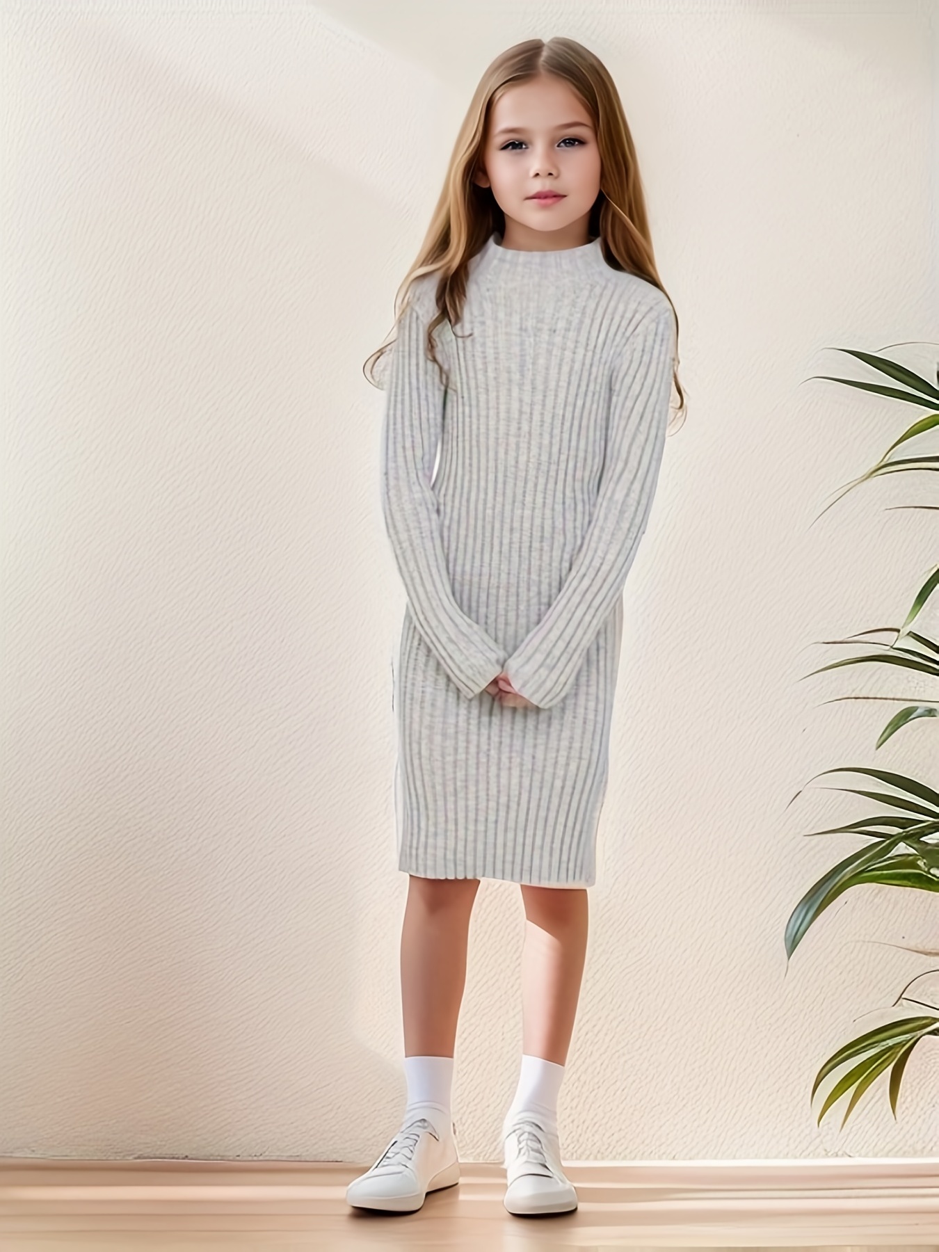 Girls Casual Knitted Thermal Crew Neck Sweater Dress For Winter