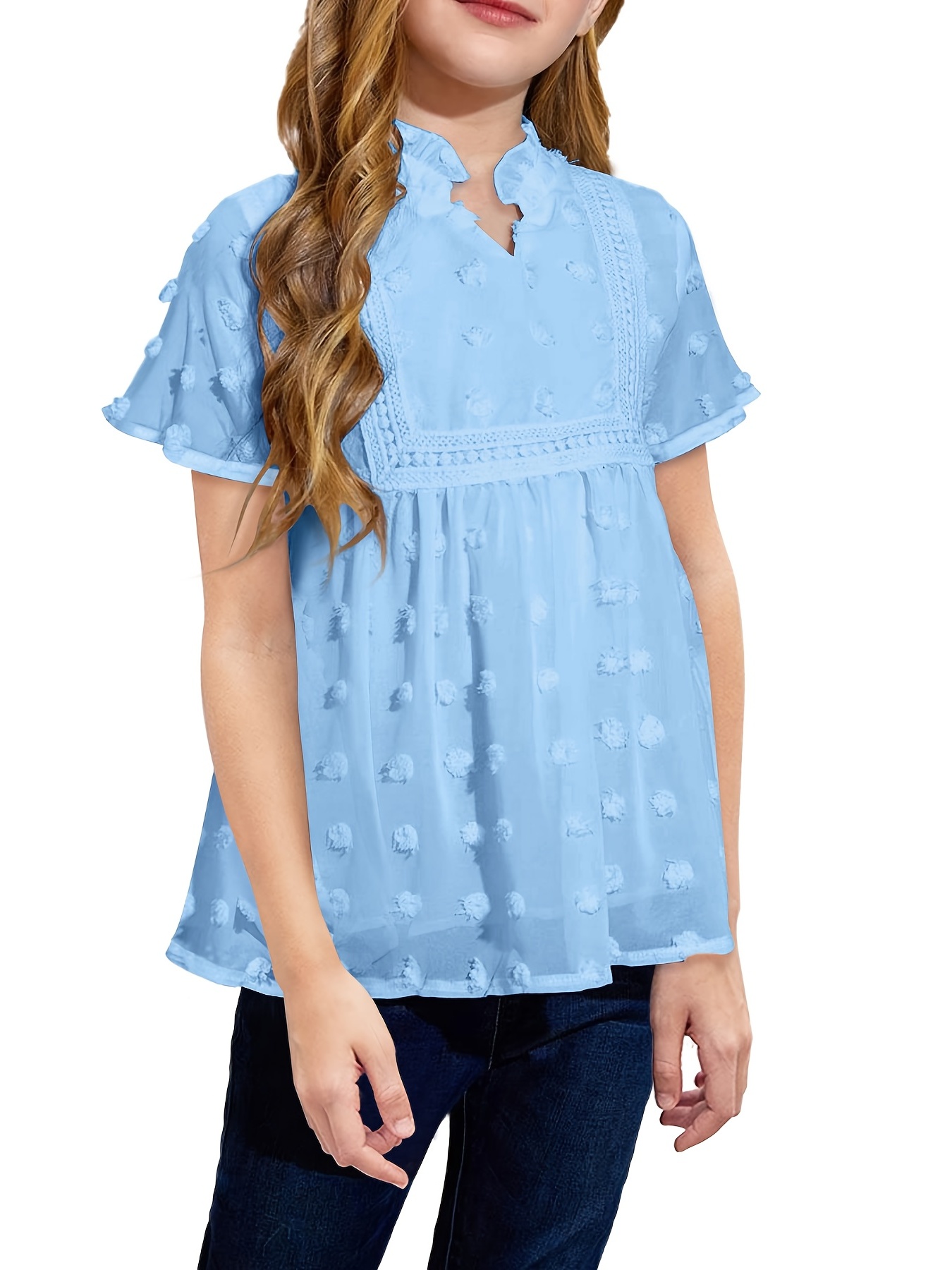 Blusa Manga Larga Bordado Cuello Muñeca Niñas Blusas - Temu