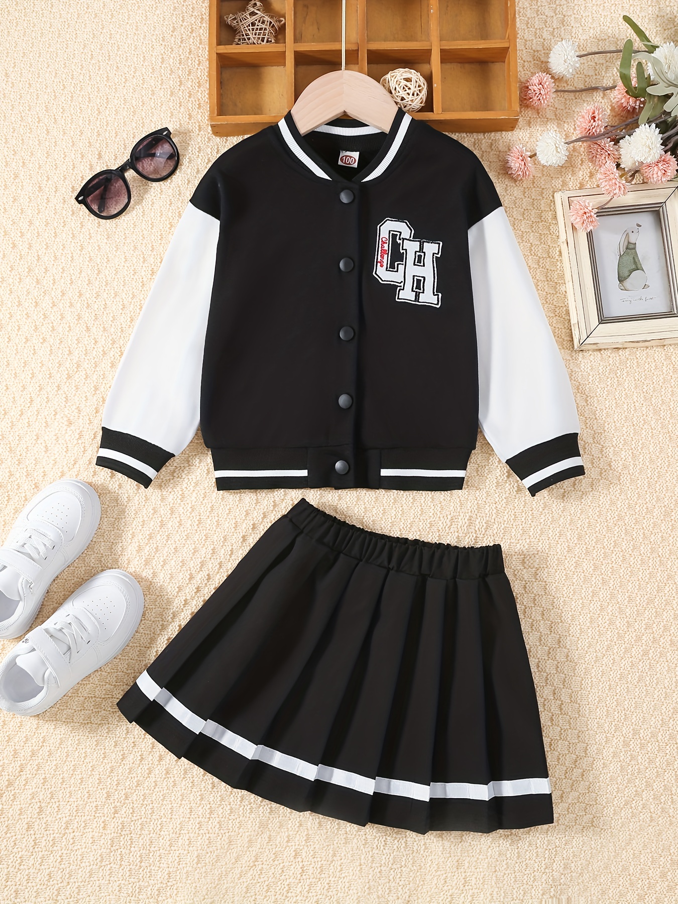 3pcs Girl's Preppy Style Outfit, Varsity Jacket & Tank Top & Corduroy  Shorts Set, Color Clash Button Front Coat, Kid's Clothes For Spring Fall