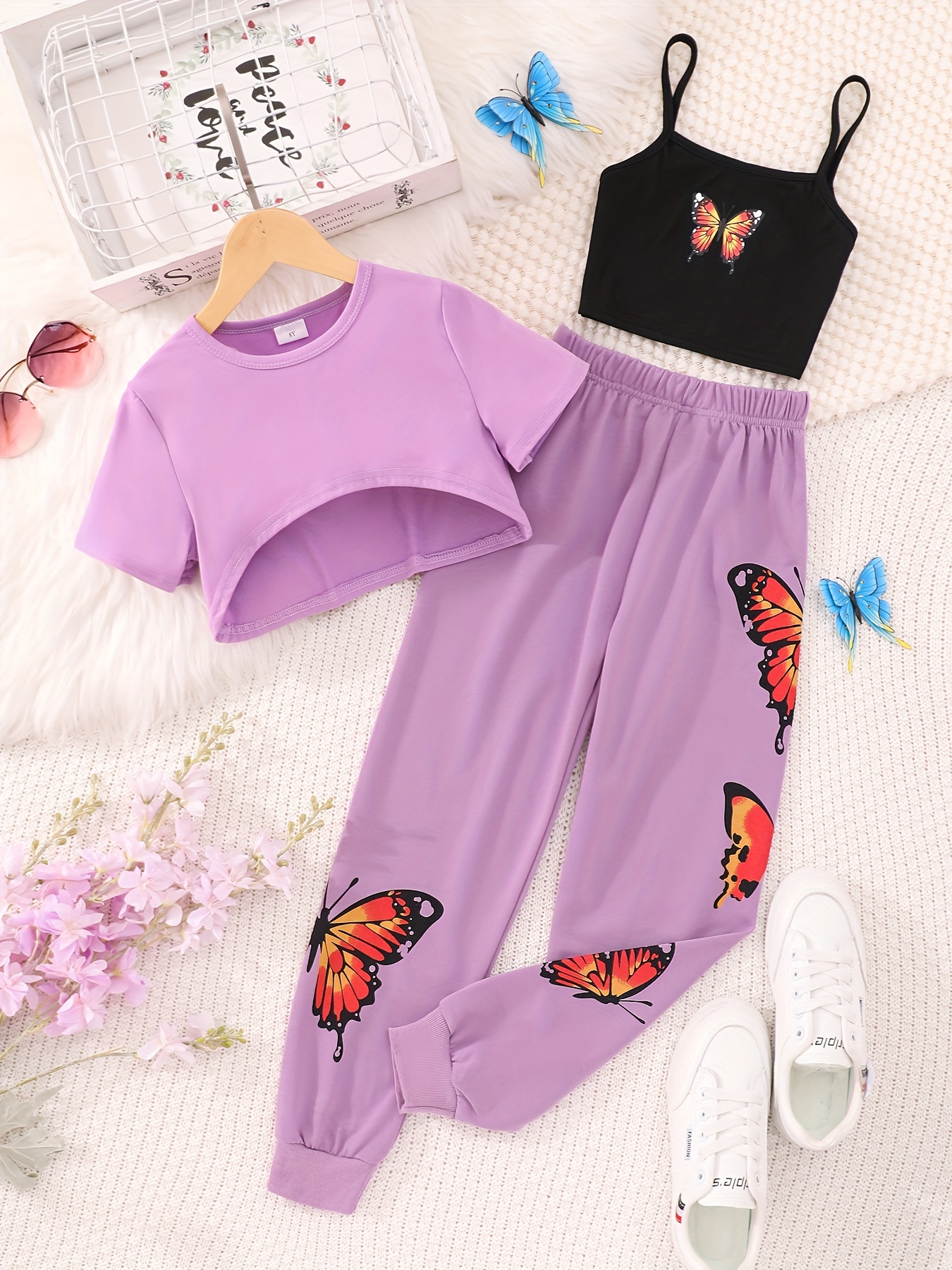 Girl's Butterfly Pattern Outfit 2pcs, Crop Top & Sundress Set, Kid's Trendy  Clothes For Summer