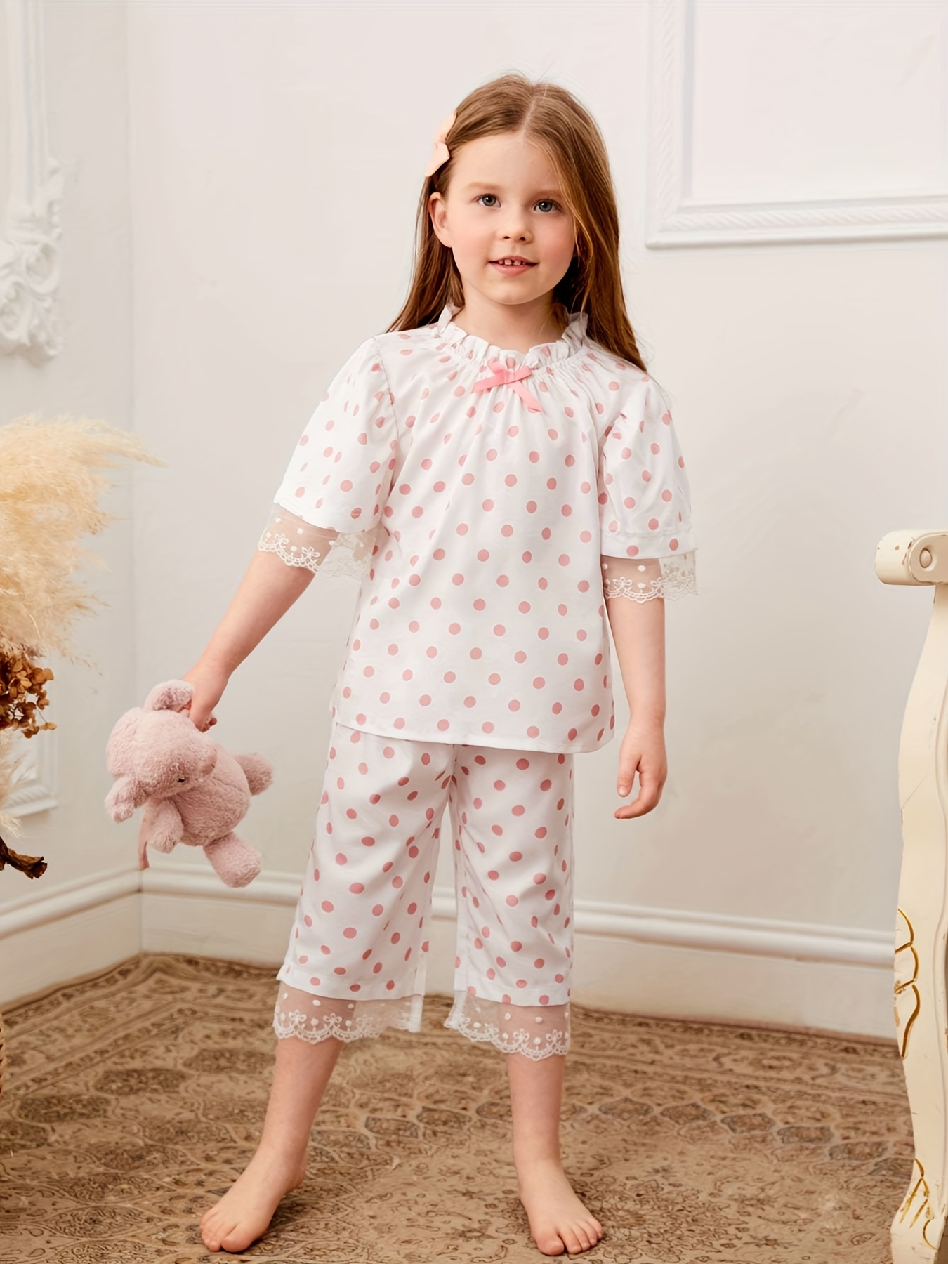 Conjunto De Ropa Bonita Para Niño Y Niña, Traje De Moda Con Cuello De  Encaje De Lunares + Pantalones Largos Con Lazos Vaqueros, Ropa Para Niños  De 1, 2, 3 Y 4