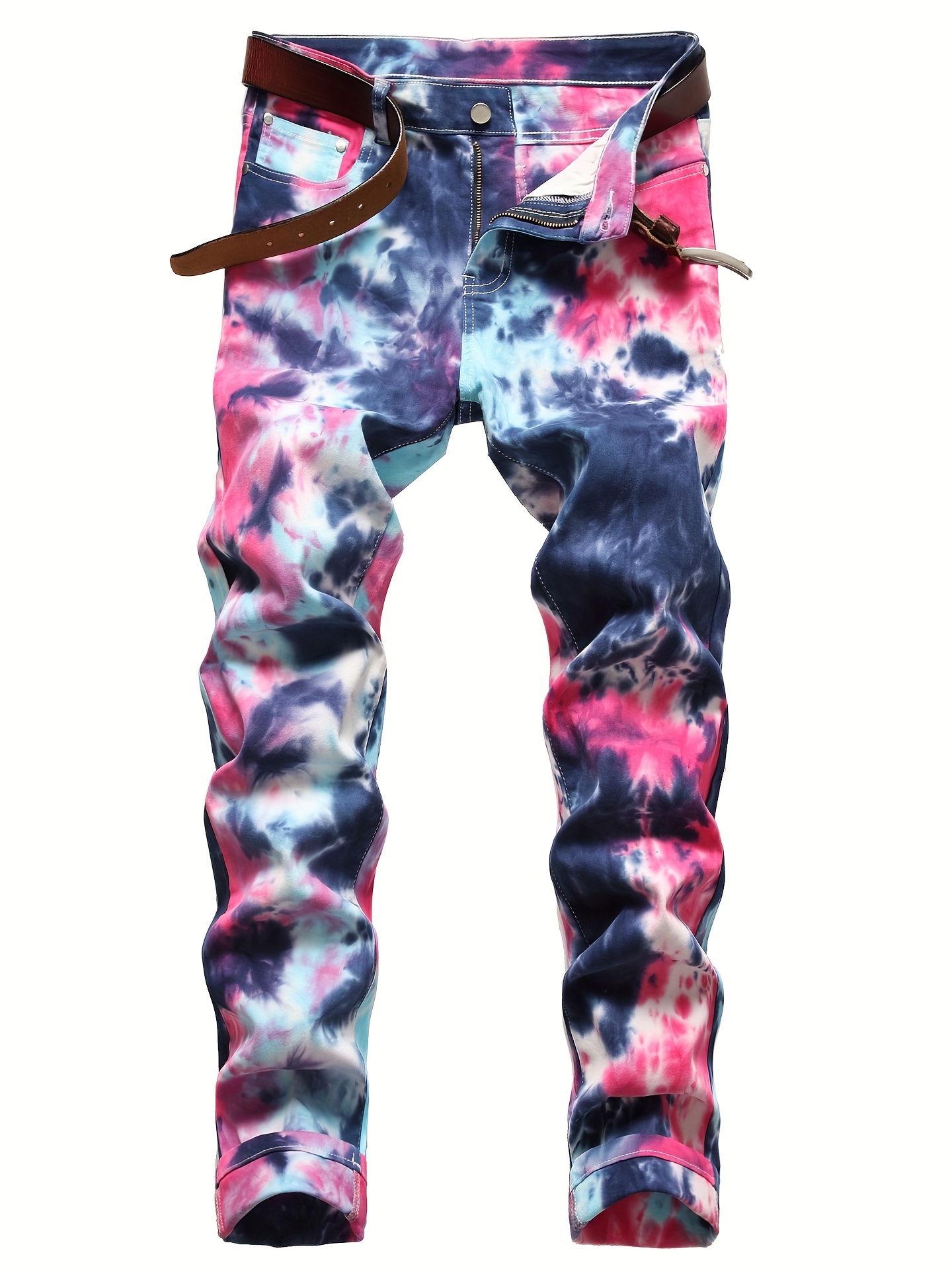 Tie-dye Straight Denim Jeans For Mens Boys Stretch Skinny Zipper