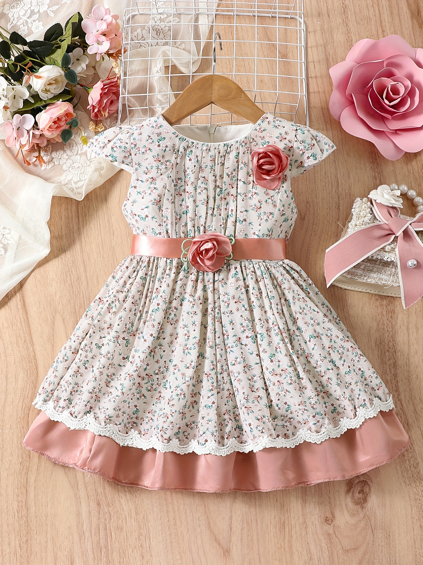 Vestido de malla de mezclilla para niñas bebés Vestido de fiesta de  primavera y verano con cinturón Conjunto de ropa informal floral para niños  Trajes de moda para niños pequeños 2T (Etiqueta