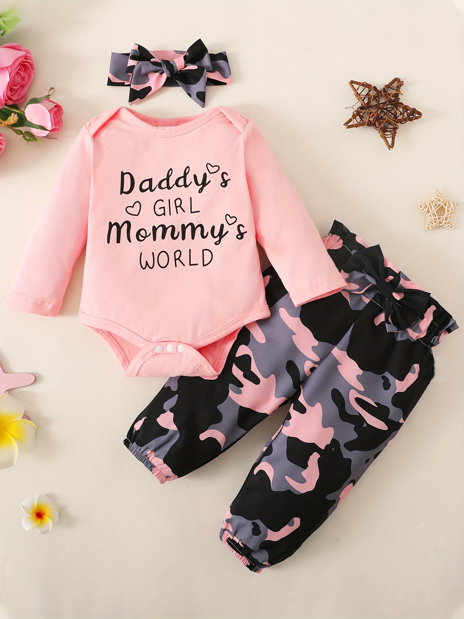 Conjunto de ropa infantil para bebé y niña, mangas con volantes, mameluco  acanalado, pantalones florales, ropa de bebé niña 0-24 (rosa, 0-3 meses)