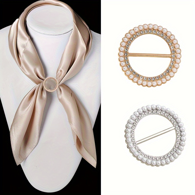 3Pcs T-shirt Round Scarf Brooches Crystal Pearl Silk Scarf Buckle