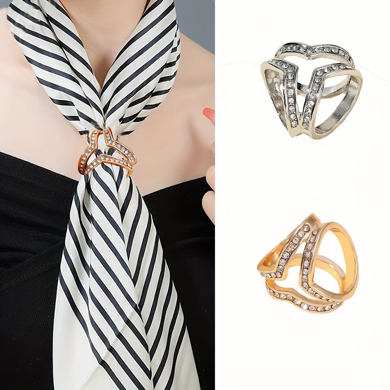 Trendy Vintage Rhinestone Heart Scarf Buckle Metal Crystal Scarf Ring Women  Hollow Scarves Buckle Brooch Jewelry Accesories