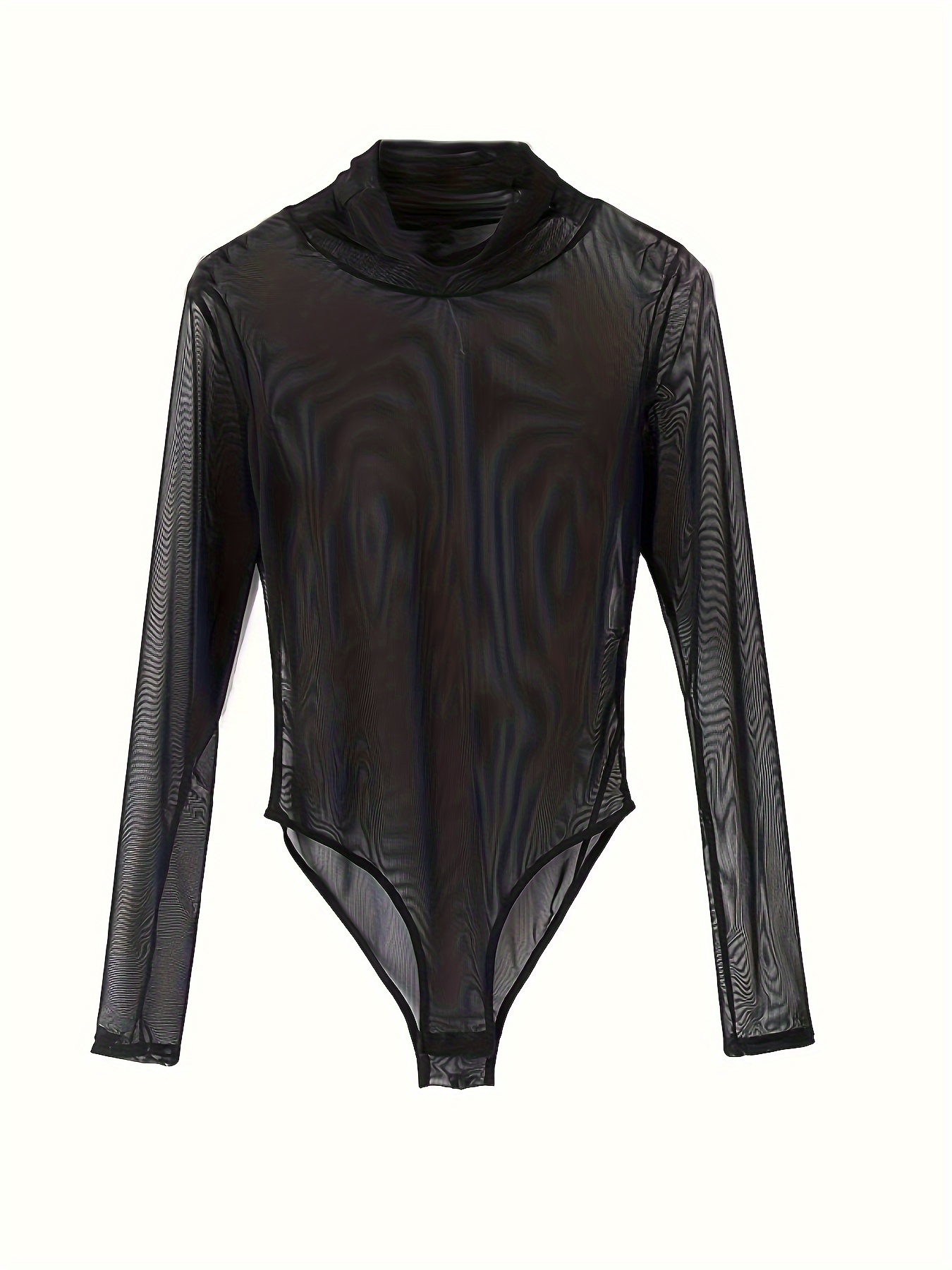 Women Sexy Sheer Mesh Bodycon Bodysuit Geometry Print See Through  Turtleneck Long Sleeve Leotard Jumpsuit Body Tops