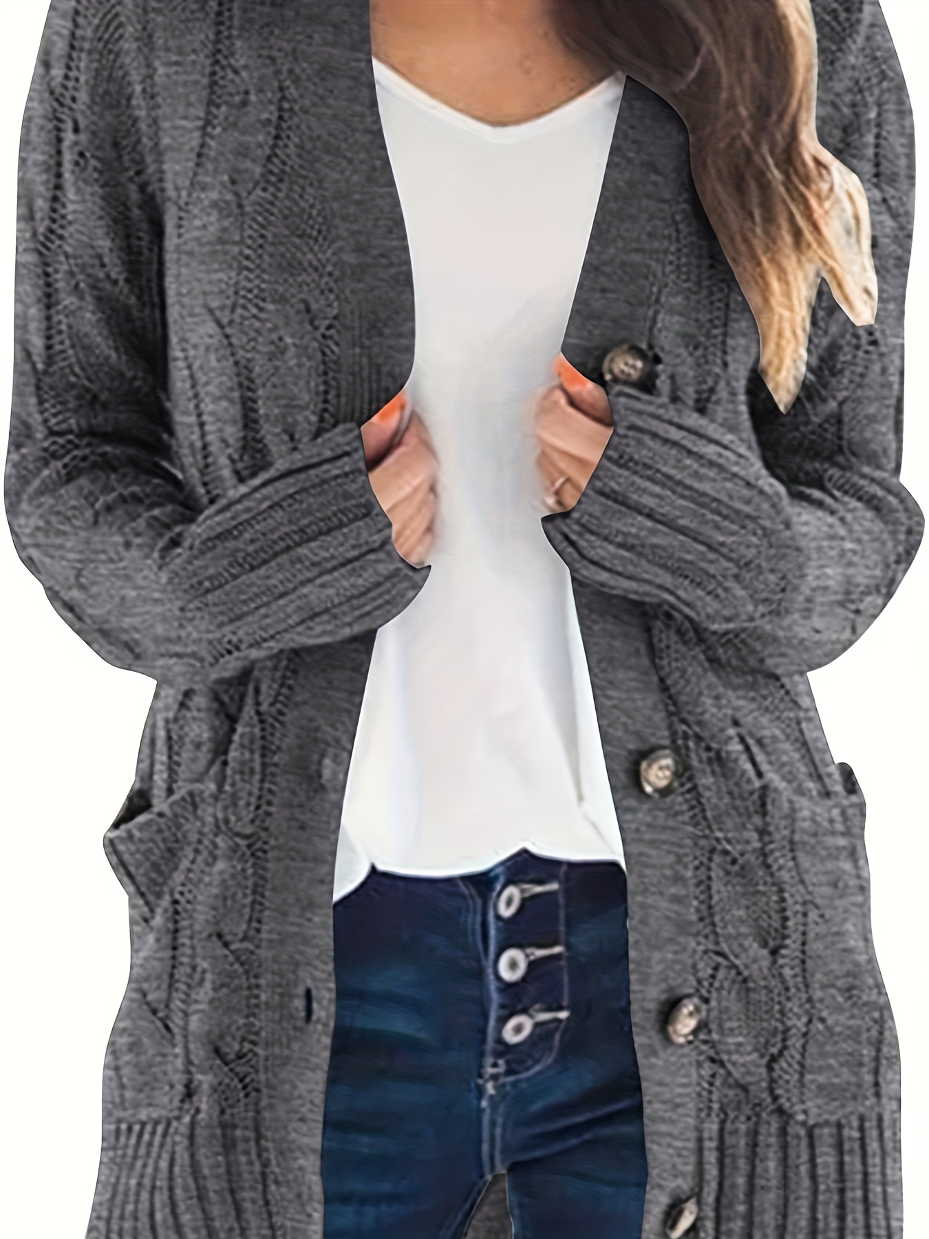 Women's Sweater Grey Long Pocket Open Front Knit Sweater - Temu Canada