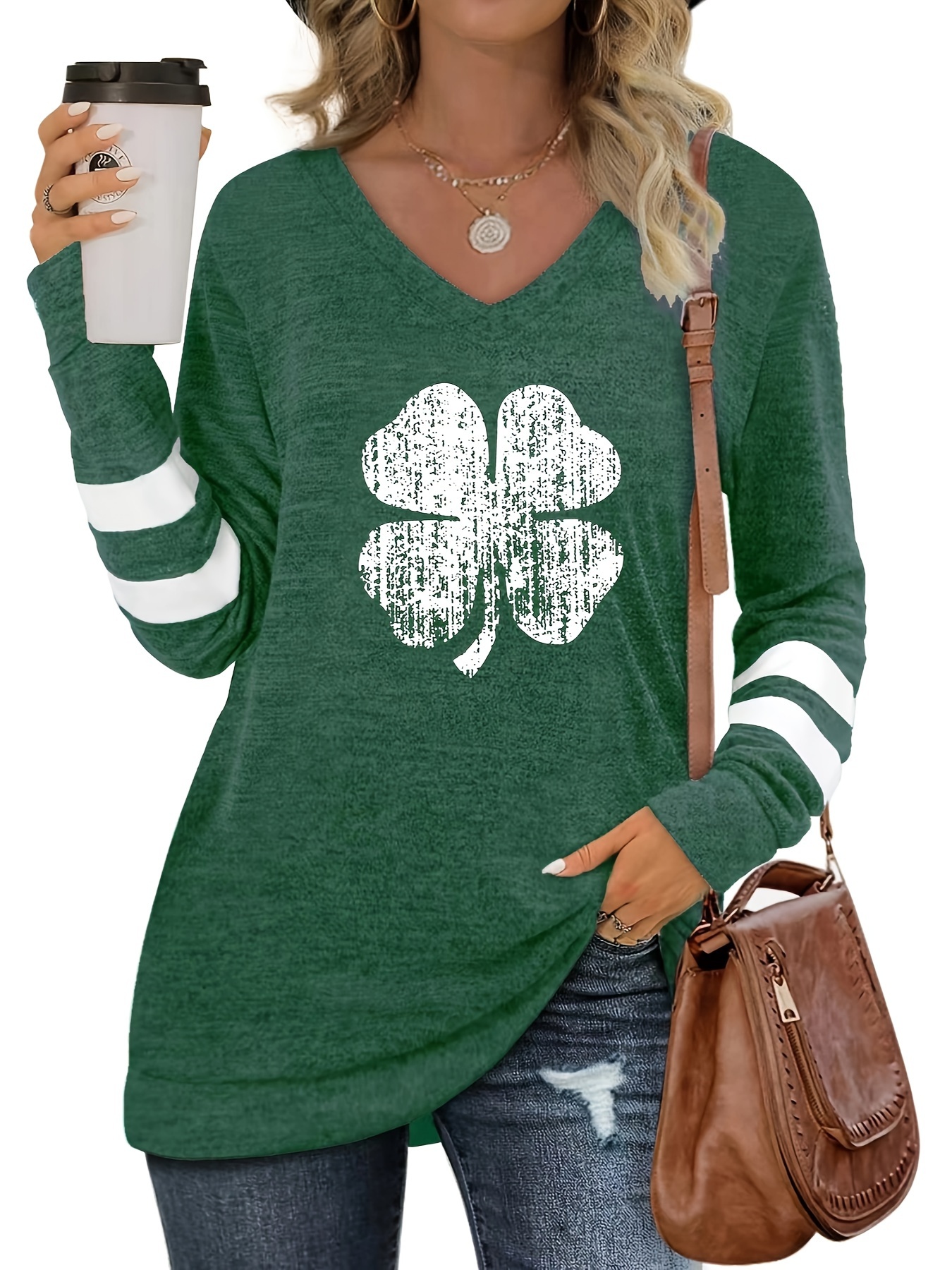 St Patricks Day Shirt Women Shamrock Four Leaf Clover Graphic Tees Print  Raglan Long Sleeve Tops Shirts