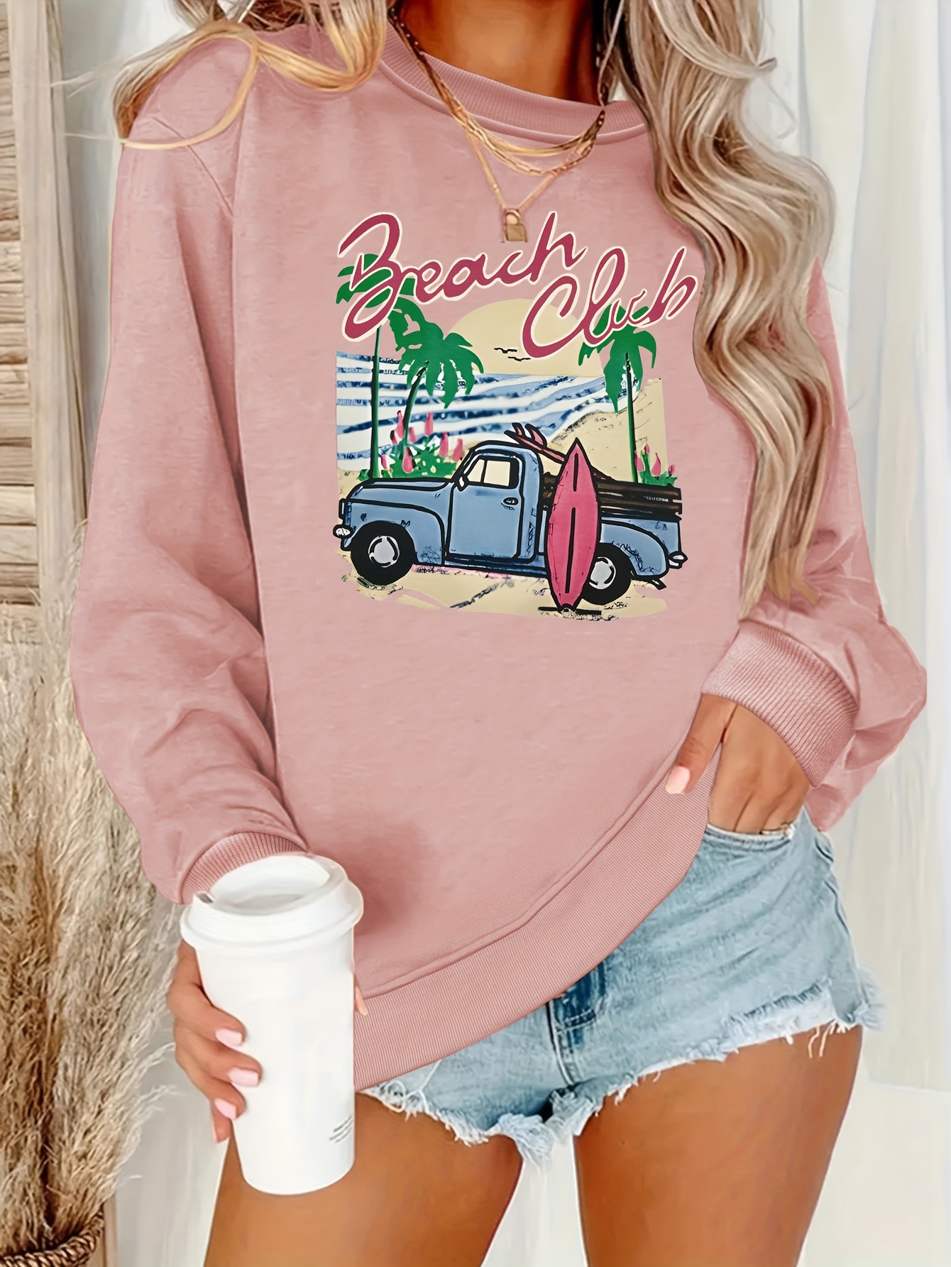 Ocean Beach Letter Print Hoodie, Casual Pocket Long Sleeve Drawstring  Hoodies Sweatshirt, Women's Clothing